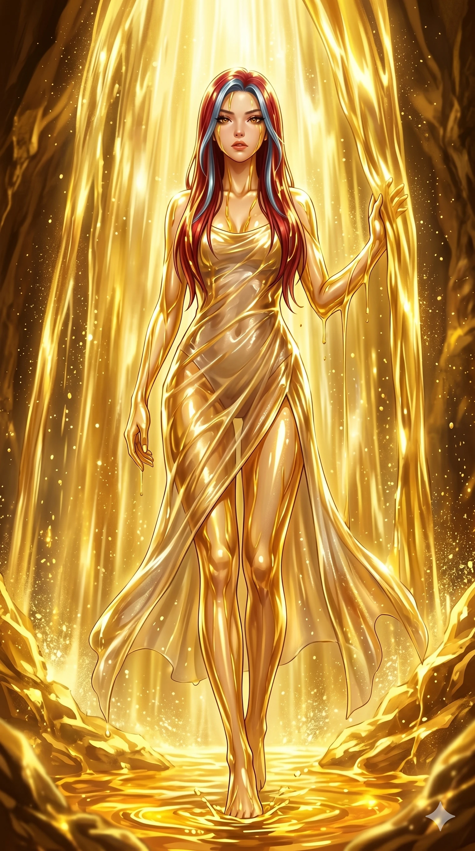 score_9, masterpiece, best quality, ultra-detailed, High-budget Anime Keyframe, East Asian woman. Low angle cowboy shot filling the entire 9:16 frame with her statuesque presence. Scenario 39: Standing under a waterfall of liquid gold, the fluid coating her form. Her presence is magnetic and overpowering in this high-budget anime scene. Outfit 39: A shimmering chiffon sheer with a thigh-high slit and wet-look texture. The clothing is designed to emphasize her exceptionally tall and slender 8-heads proportion. 8-heads proportion, towering silhouette, ultra-slim waist. sharp v-shaped jawline, intricate jewel-like eyes with depth, thick eyelashes, glossy lips. 2k, ultra detail, master piece, 9:16 ratio