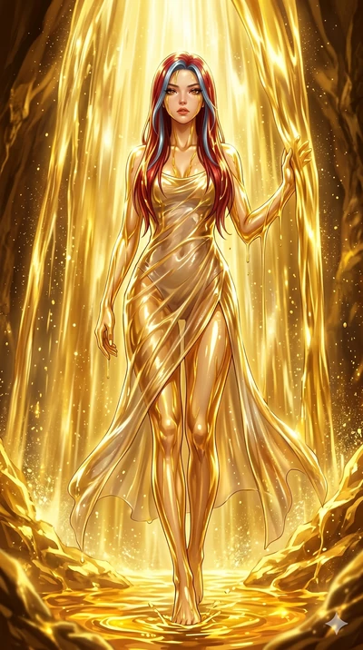 score_9, masterpiece, best quality, ultra-detailed, High-budget Anime Keyframe, East Asian woman. Low angle cowboy shot filling the entire 9:16 frame with her statuesque presence. Scenario 39: Standing under a waterfall of liquid gold, the fluid coat