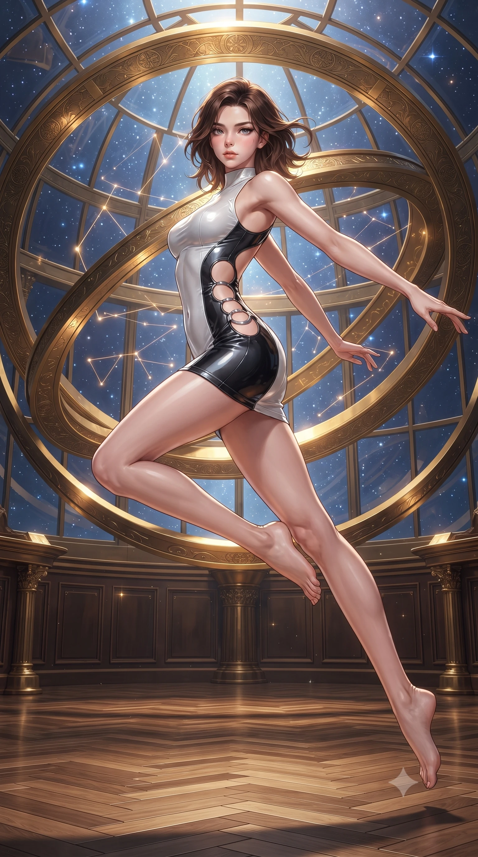score_9, masterpiece, best quality, ultra-detailed, high-budget anime keyframe, editorial fashion photography, tasteful artistic composition, Korean woman. low angle full-body shot from head to toe showing her feet, filling the entire 9:16 vertical frame with her statuesque presence, stretching her vertical silhouette. leaping through mid-air with an athletic yet alluring arch of her spine, her impossibly long slender legs stretched in flawless poise while standing gracefully in the center of a grand glass observatory as giant interlocking golden astrolabe rings rotate around her. The surrounding environment is rendered in vivid detail and crisp panoramic clarity. intricate engraved brass astrolabe scales, glowing constellation lines, and polished parquet in deep focus. She has an absolutely perfect, statuesque 8.5-heads proportion, an exceptionally tall and slender model-like female figure with impossibly long slender legs, a toned flat midriff, and an ultra-slim waist. sharp v-shaped jawline, high-bridge nose, intricate jewel-like eyes with depth, thick eyelashes, glossy lips with a natural sheen, flawlessly proportioned anatomical accuracy, strict slender model proportions, natural body alignment, perfectly sculpted long slender limbs, ultra-slim waistline, clean dynamic posture without body distortion. wearing a second-skin fashion-latex mini dress with a clean architectural front, featuring an open-back design that wraps around the sides of her waist, showcasing her slender silhouette in high-gloss monochrome white and sharp black contrast, crafted from ultra-reflective second-skin latex with a high-gloss glass-like polish, detailed with polished silver rings connecting the daring side-waist cutouts, the sleek second-skin cut tightly hugging her graceful clavicle, narrow waist, and feminine curves with athletic precision. bathed in warm golden brass reflections and radiant sapphire starlight ambient fill. ultra-reflective glossy finish, specular highlights, metallic sheen, high-contrast stereoscopic depth, volumetric dynamic lighting, 2k, ultra detail, master piece, 9:16 ratio