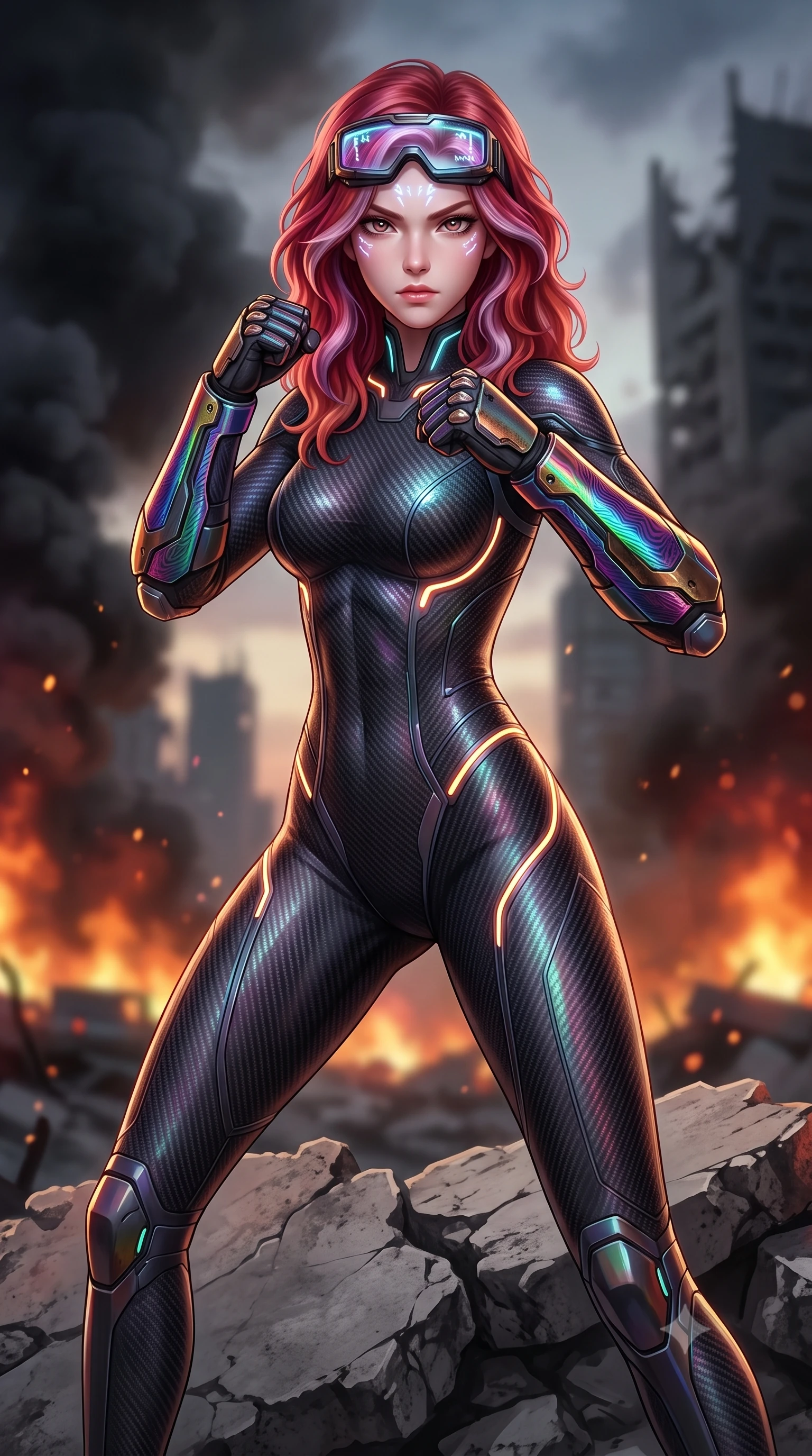 score_9, masterpiece, best quality, ultra-detailed, high-budget anime keyframe, semi-realistic 3D game render, editorial fashion photography, tasteful artistic composition, Caucasian woman. close-up cowboy shot from the waist and thighs up, the character dominates the composition, filling the frame with her large presence. in a razor-sharp Panzer Kunst fighting guard with raised fists, captivating jewel-like eyes locked onto the viewer with fierce, resolute determination while pivoting dynamically on crumbling concrete rubble as black smoke plumes and distant emergency fires illuminate her statuesque silhouette. The composition keeps background elements in soft focus with creamy bokeh. raging horizon fires and shattered skyscraper silhouettes blurred into dramatic charcoal, amber, and blood-crimson bokeh. She has an exceptionally elegant, slender, and willowy female figure with an ultra-slim waist, a gracefully sculpted slender torso, toned flat midriff, and a refined slim silhouette. sharp v-shaped jawline, high-bridge nose, intricate jewel-like eyes with depth, thick eyelashes, glossy lips with a natural sheen, fierce and resolute heroine expression, flawlessly proportioned anatomical accuracy, strict slender model proportions, natural body alignment, perfectly sculpted long slender limbs, ultra-slim waistline, clean dynamic posture without body distortion. wearing high-tech holographic tactical goggles resting tipped up on her forehead, casting glowing neon runes across her brow without obscuring her features, paired with a skin-tight dark carbon-weave combat bodysuit with glowing neon energy conduits and reinforced Damascus-pattern forearm strike guards in high-gloss iridescent rainbow carbon with scorched titanium plating, crafted from semi-translucent cybernetic carbon-vinyl interwoven with glowing micro-filaments, accented with glowing fiber-optic telemetry conduits tracing her collarbones and hip curves, the liquid-tight tailored fabric emphasizing every curve of her tall, slender model proportions and sculptured silhouette during dynamic movement. surrounded by a majestic, solemn, and fiercely determined lone dystopian savior aura. rich saturated anime colors with glowing neon highlights, detailed shading with soft gradients, rich glossy textures, high-contrast stereoscopic depth, volumetric dynamic lighting, master piece, 9:16 ratio