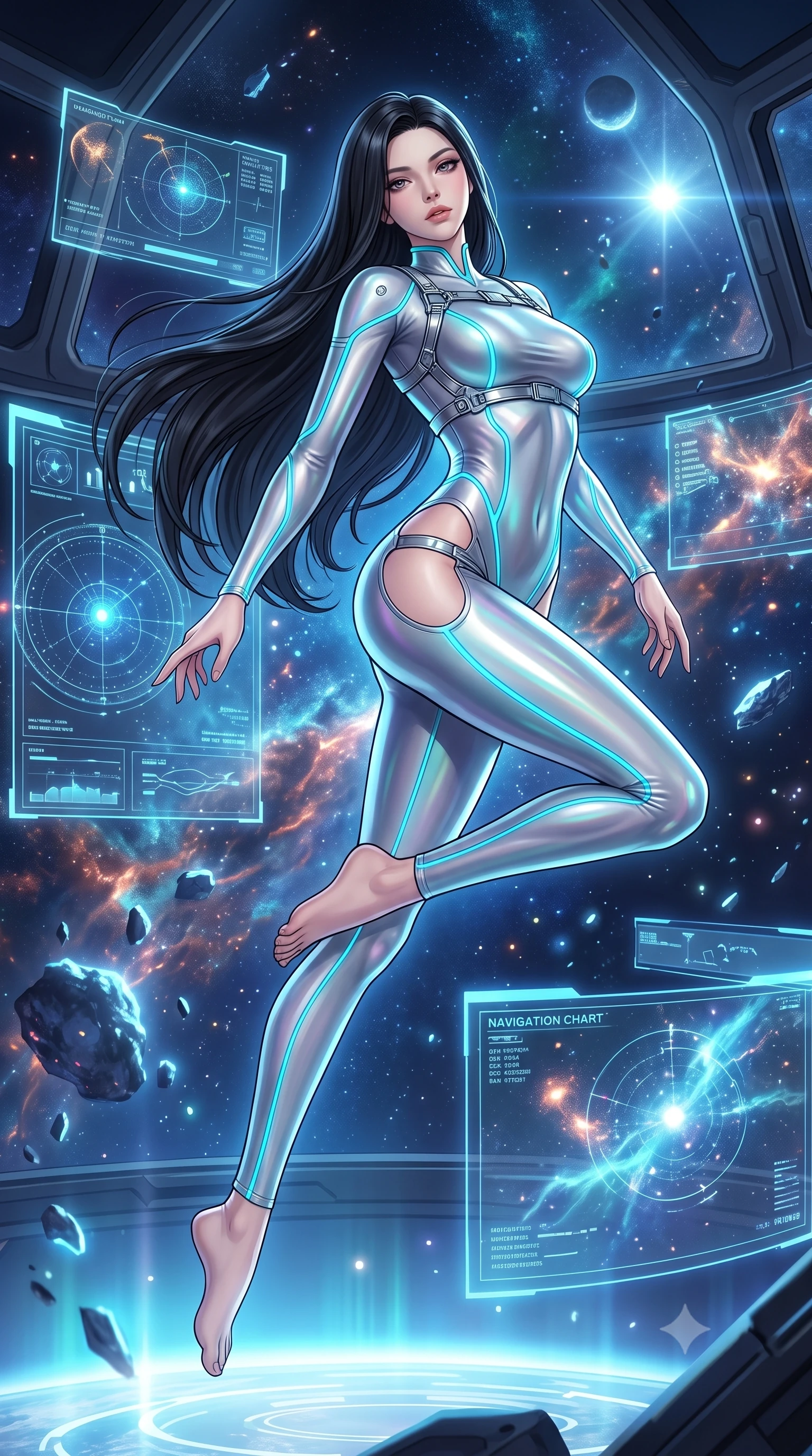 score_9, masterpiece, best quality, ultra-detailed, high-budget anime keyframe, semi-realistic 3D game render, editorial fashion photography, tasteful artistic composition, Korean woman. low angle full-body shot from head to toe showing her feet, filling the entire 9:16 vertical frame with her statuesque presence, stretching her vertical silhouette. leaping through mid-air with an athletic yet alluring arch of her spine, her impossibly long slender legs stretched in flawless poise while pivoting in zero-gravity amidst floating holographic navigation charts and glowing celestial debris. The surrounding environment is rendered in vivid detail and crisp panoramic clarity. sharp panoramic viewport framing, celestial gas filament textures, and holographic star charts in high resolution. She has an absolutely perfect, statuesque 8.5-heads proportion, an exceptionally tall and slender model-like female figure with impossibly long slender legs and an ultra-slim waist. sharp v-shaped jawline, high-bridge nose, intricate jewel-like eyes with depth, thick eyelashes, glossy lips with a natural sheen, flawlessly proportioned anatomical accuracy, natural body alignment, perfectly sculpted elegant limbs, clean dynamic posture without body distortion. wearing a skin-tight cybernetic bodysuit with glowing neon seams, deep hip cutouts, and an aerodynamic athletic fit in liquid mercury silver and glowing electric cyan, made of smooth iridescent silk chiffon that shifts colors with movement, reinforced by a sleek metallic chrome harness and delicate glowing micro-straps, the liquid-tight fabric adhering flawlessly to her sculpted torso and slender silhouette. illuminated by glowing holographic console uplights and sharp starlight rim highlights. highly saturated vibrant anime colors, detailed shading with soft gradients, rich glossy textures, high-contrast stereoscopic depth, volumetric dynamic lighting, master piece, 9:16 ratio