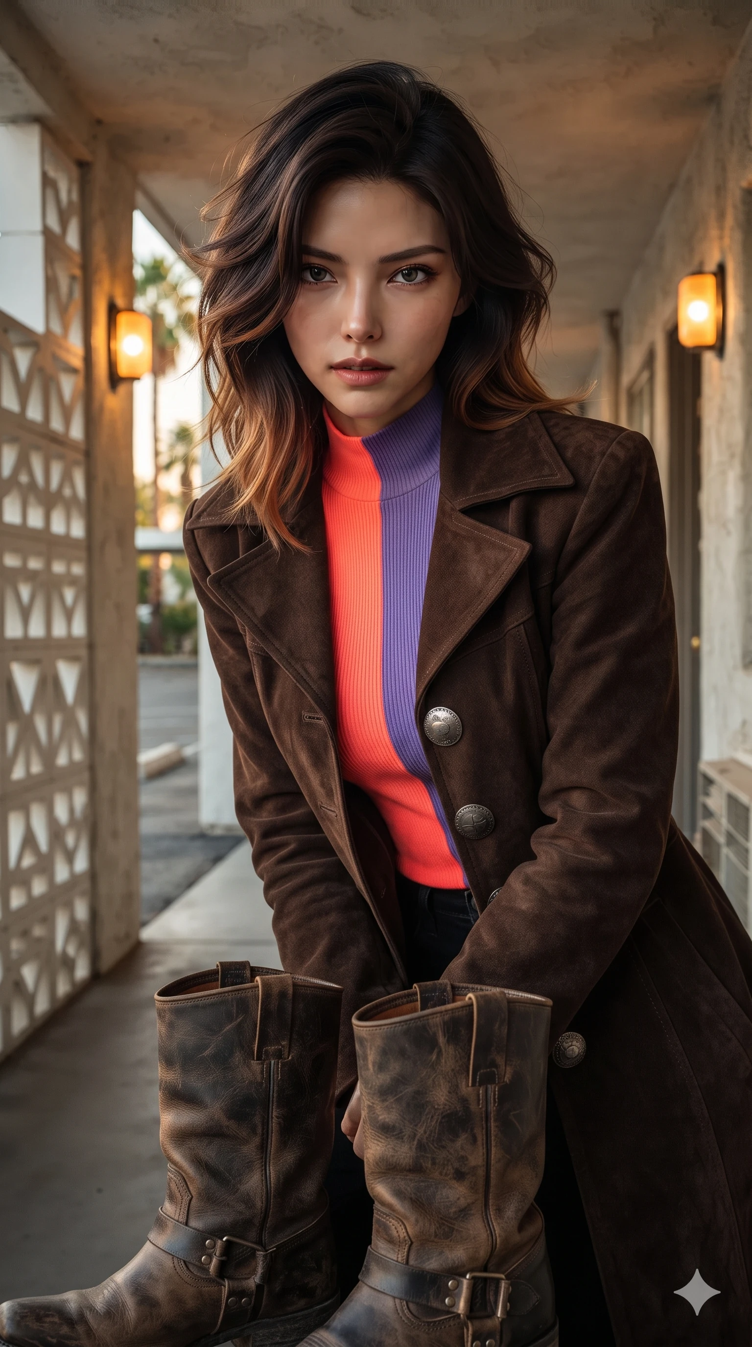score_9, masterpiece, best quality, ultra-detailed, high-budget anime keyframe, editorial fashion photography, tasteful artistic composition, Korean woman. close-up cowboy shot from the waist and thighs up, the character dominates the composition, filling the frame with her large presence. leaning forward while arching her lower back to accentuate her curvy hips, looking into the camera with an intoxicating smoldering gaze and bedroom-eyes while walking down the exterior motel walkway with effortless supermodel strut, her long slender legs and curvaceous hips creating a sweeping vertical line. The background shows a soft-focus geometric white breeze blocks, retro room door numbers with glowing amber sconces, and distant purple desert mountains blurred into turquoise, amber, and slate bokeh. She has an exceptionally elegant, slender, and willowy female figure with an ultra-slim waist, flat toned midriff, narrow ribcage, and sculpted feminine hips creating an alluring, slim hourglass silhouette without bulk. sharp v-shaped jawline, high-bridge nose, sparkling eyes with hypnotic seductive depth, thick curled eyelashes, glossy parted lips with a natural dewy peach sheen, alluring bedroom-eyes with an enchanting coquettish smile, exuding magnetic siren charisma and sophisticated glamour, flawlessly proportioned anatomical accuracy, strict slender model proportions, natural body alignment, perfectly sculpted long slender limbs, ultra-slim waistline, clean dynamic posture without body distortion. wearing a tailored Western duster coat with silver concho buttons and structured lapels layered over a modest high-neck knit in blazing neon coral and desert twilight violet, crafted from rugged heavy-duty canvas and oiled leather with authentic desert durability, complemented by rugged distressed leather motorcycle boots with silver buckle hardware, the impeccably tailored cut draping gracefully along her slender figure with aristocratic western poise. illuminated by concrete walkway bounce and sharp coral-amber rim lights defining her razor-sharp jawline, narrow waist, and curvy hips. ultra-reflective glossy finish, specular highlights, rich textural contrasts, high-contrast stereoscopic depth, volumetric dynamic lighting, 2k, ultra detail, master piece, 9:16 ratio