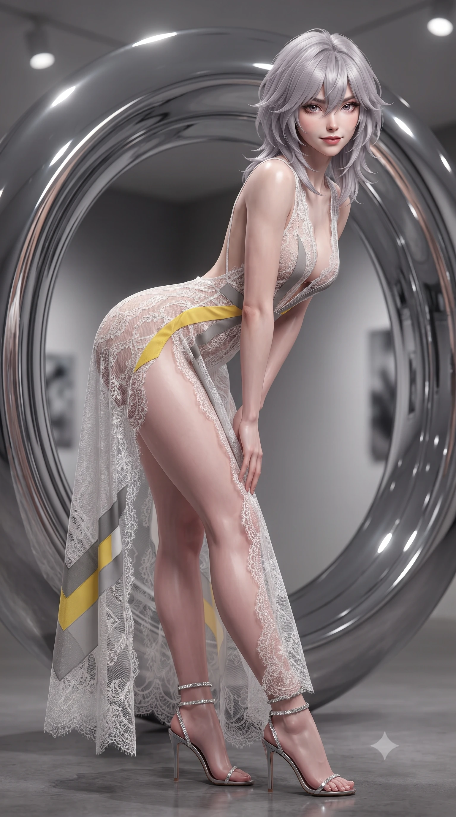score_9, masterpiece, best quality, ultra-detailed, high-budget anime keyframe, editorial fashion photography, tasteful artistic composition, Japanese woman. close-up cowboy shot from the waist and thighs up, the character dominates the composition, filling the frame with her large presence. leaning forward while arching her lower back to accentuate her curvy hips, looking into the camera with an intoxicating smoldering gaze and bedroom-eyes while twisting her slender torso in an alluring S-curve beside the giant chrome ring, the curved mirror surface distorting her hourglass curves playfully. The background shows a soft-focus the colossal mirrored chrome ring sculpture, white gallery walls, and polished concrete floor blurred into liquid mercury, platinum, and charcoal bokeh. She has an exceptionally elegant, slender, and willowy female figure with an ultra-slim waist, flat toned midriff, narrow ribcage, and sculpted feminine hips creating an alluring, slim hourglass silhouette without bulk. sharp v-shaped jawline, high-bridge nose, sparkling eyes with hypnotic seductive depth, thick curled eyelashes, glossy parted lips with a natural dewy peach sheen, alluring bedroom-eyes with an enchanting coquettish smile, exuding magnetic siren charisma and sophisticated glamour, flawlessly proportioned anatomical accuracy, strict slender model proportions, natural body alignment, perfectly sculpted long slender limbs, ultra-slim waistline, clean dynamic posture without body distortion. wearing a deep V-neck sheer gossamer chiffon vampire dress with an open-back scoop and dramatic flowing side leg slit in Bauhaus optic white and concrete grey with primary yellow accents, made of delicate semi-sheer French Chantilly lace with intricate eyelash edges, complemented by strappy stiletto sandals with crystal ankle wraps accentuating her slender calves, the precision-cut side openings and low-back scoop framing her graceful spine and the sensual sweep of her slim, toned hips. bathed in high-CRI 4000K museum track spotlights focused precisely on the chrome sculpture and model. ultra-reflective glossy finish, specular highlights, rich textural contrasts, high-contrast stereoscopic depth, volumetric dynamic lighting, 2k, ultra detail, master piece, 9:16 ratio