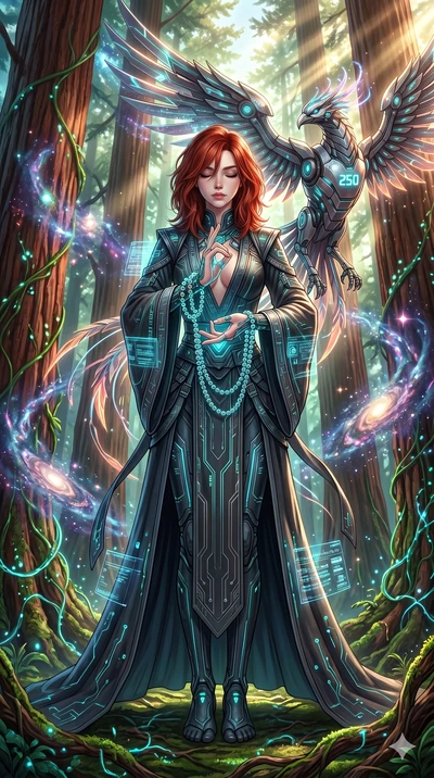 score_9, masterpiece, best quality, ultra-detailed, Set A: High-budget Anime Keyframe, Korean woman. Low angle cowboy shot filling the entire 9:16 frame with her statuesque presence. Theme: Abstract Cosmic. meditating in a giant redwood forest with g