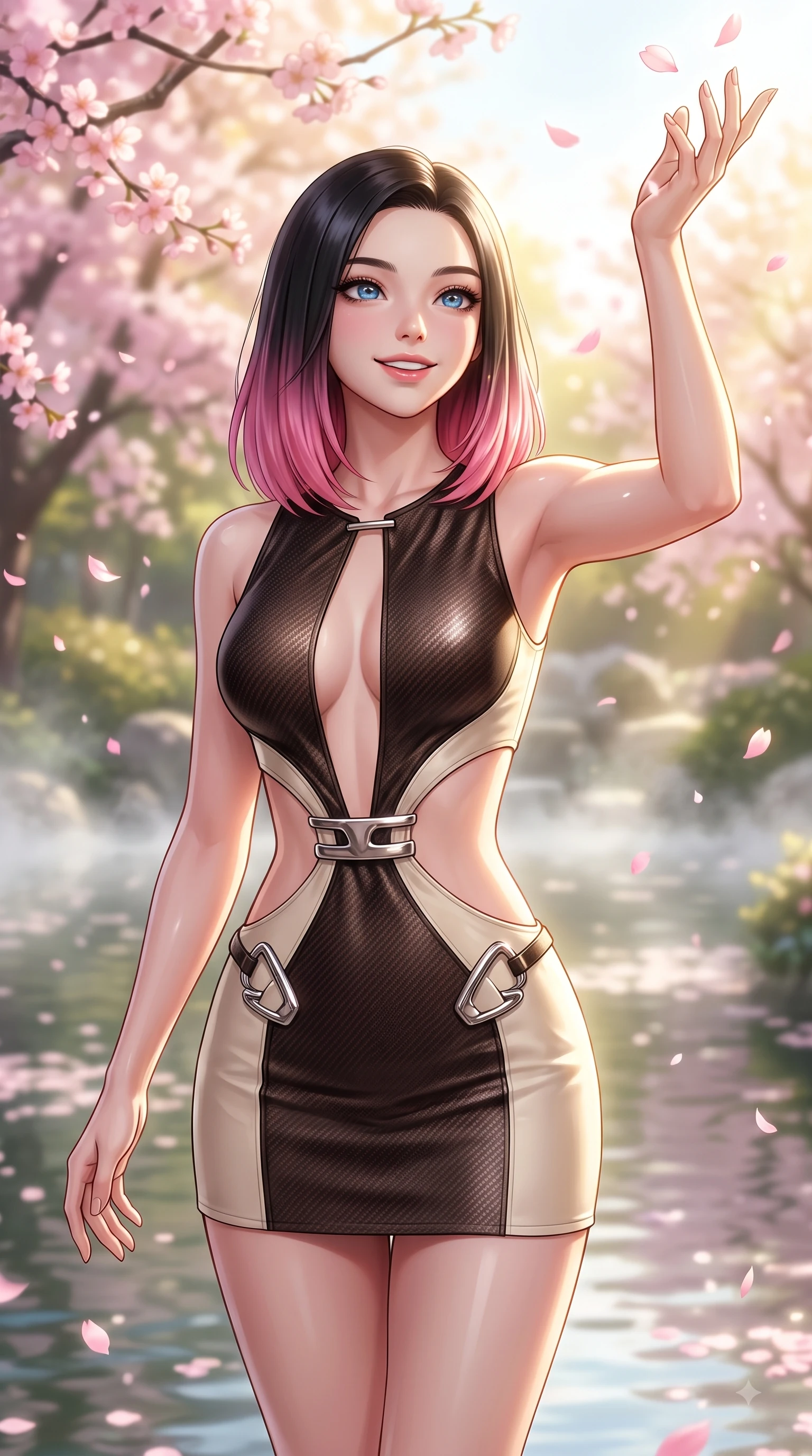 score_9, masterpiece, best quality, ultra-detailed, high-budget anime keyframe, editorial fashion photography, tasteful artistic composition, Korean woman. close-up cowboy shot from the waist and thighs up, the character dominates the composition, filling the frame with her large presence, background elements kept in soft focus. Enchanting happy smile, her eyes twinkling like jewels in the bright sunlight as one arm reaches out playfully while reaching her hand up playfully to catch falling pink cherry blossom petals in a spring breeze, morning mist floating gently over the water surface, capturing bright golden light. She has an exceptionally elegant, slender, and willowy female figure with an ultra-slim waist, a gracefully sculpted slender torso, and a refined silhouette. sharp v-shaped jawline, high-bridge nose, intricate jewel-like eyes with depth, thick eyelashes, glossy lips with a natural sheen, flawlessly proportioned anatomical accuracy, natural body alignment, perfectly sculpted elegant limbs, clean dynamic posture without body distortion. wearing a dramatic open-waist cutout mini dress framed by sculptural hardware in espresso brown and warm cream, made of fine carbon-fiber weave and soft matte leather, accented with a Tasteful chest slit framing her clavicle gracefully, the glove-like fit emphasizing her statuesque silhouette during motion. surrounded by a serene, uplifting spring aura with cheerful highlights. ultra-reflective glossy finish, specular highlights, metallic sheen, high-contrast stereoscopic depth, volumetric dynamic lighting, 2k, ultra detail, master piece, 9:16 ratio