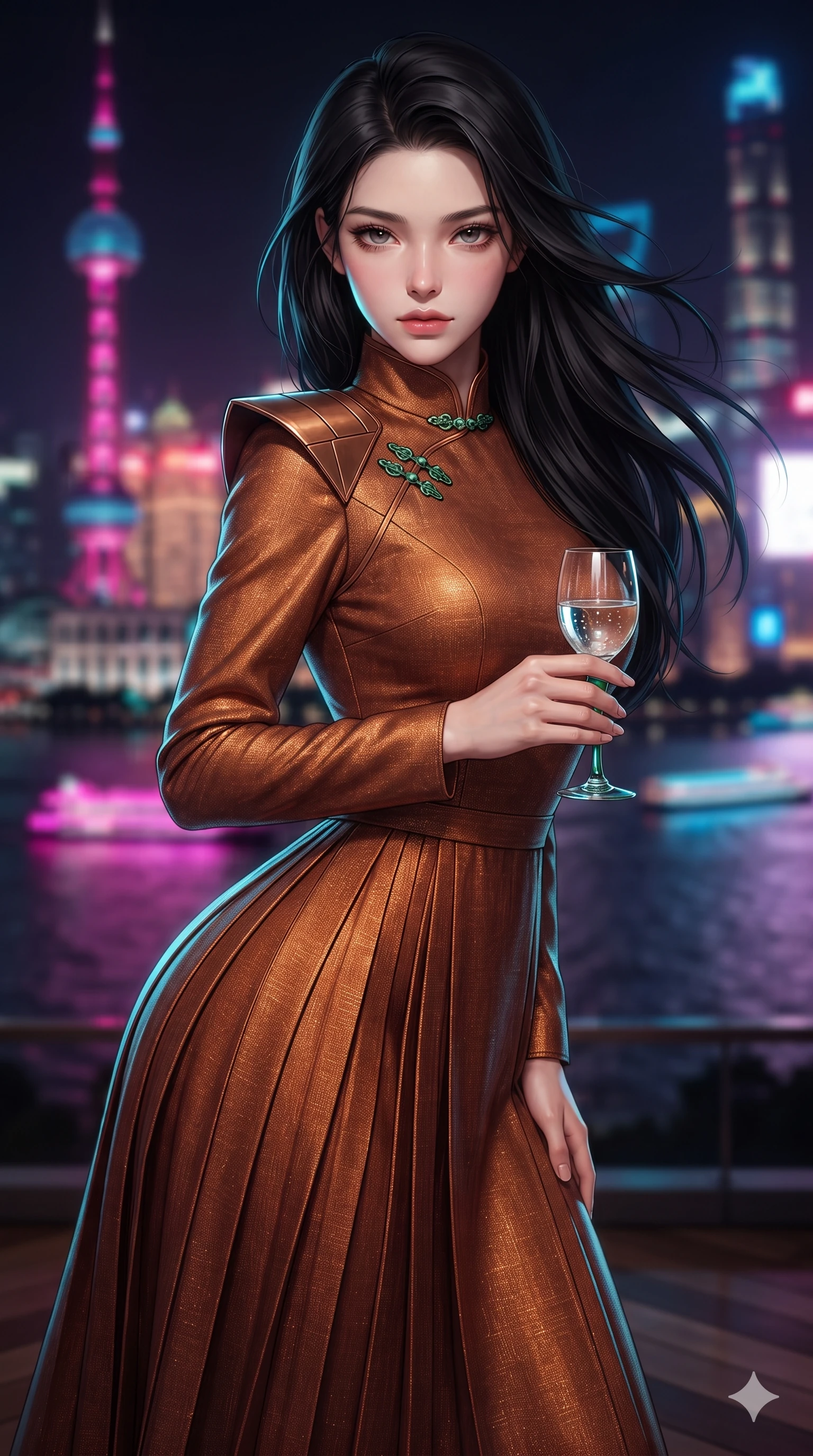 score_9, masterpiece, best quality, ultra-detailed, high-budget anime keyframe, editorial fashion photography, tasteful artistic composition, Korean woman. close-up cowboy shot from the waist and thighs up, the character dominates the composition, filling the frame with her large presence. leaning forward while arching her lower back to accentuate her curvy hips, looking into the camera with an intoxicating smoldering gaze and bedroom-eyes while standing poised on the high-gloss parquet terrace, twisting her slender torso in an alluring S-curve while holding a jade-stemmed glass as river breezes whip her dress. The background shows a soft-focus blazing neon spires of Pudong, glowing boat trails on the Huangpu River, and towering Oriental Pearl tower reflections blurred into magenta, electric cyan, and deep obsidian bokeh. She has an exceptionally elegant, slender, and willowy female figure with an ultra-slim waist, flat toned midriff, narrow ribcage, and sculpted feminine hips creating an alluring, slim hourglass silhouette without bulk. sharp v-shaped jawline, high-bridge nose, intricate jewel-like sparkling eyes with depth, thick eyelashes, glossy parted lips with a natural sheen, intensely captivating and seductive bedroom-eyes expression, exuding both youthful cute charm and sovereign luxury allure, flawlessly proportioned anatomical accuracy, strict slender model proportions, natural body alignment, perfectly sculpted long slender limbs, ultra-slim waistline, clean dynamic posture without body distortion. wearing a refined long-sleeve high-collar silk georgette diplomatic gown with structured geometric shoulder plates and pleated skirt in rich copper bronze and warm amber, woven from high-density tech-wool with subtle metallic thread weave, finished with sleek jade frog closures glinting along her high collar, the bespoke structured tailoring following the natural line of her 8.5-heads silhouette with refined elegance. illuminated by terrace parquet bounce and sharp neon-cyan rim lights sculpting her razor-sharp jawline, narrow waist, and curvy hips. ultra-reflective glossy finish, specular highlights, rich textural contrasts, high-contrast stereoscopic depth, volumetric dynamic lighting, 2k, ultra detail, master piece, 9:16 ratio