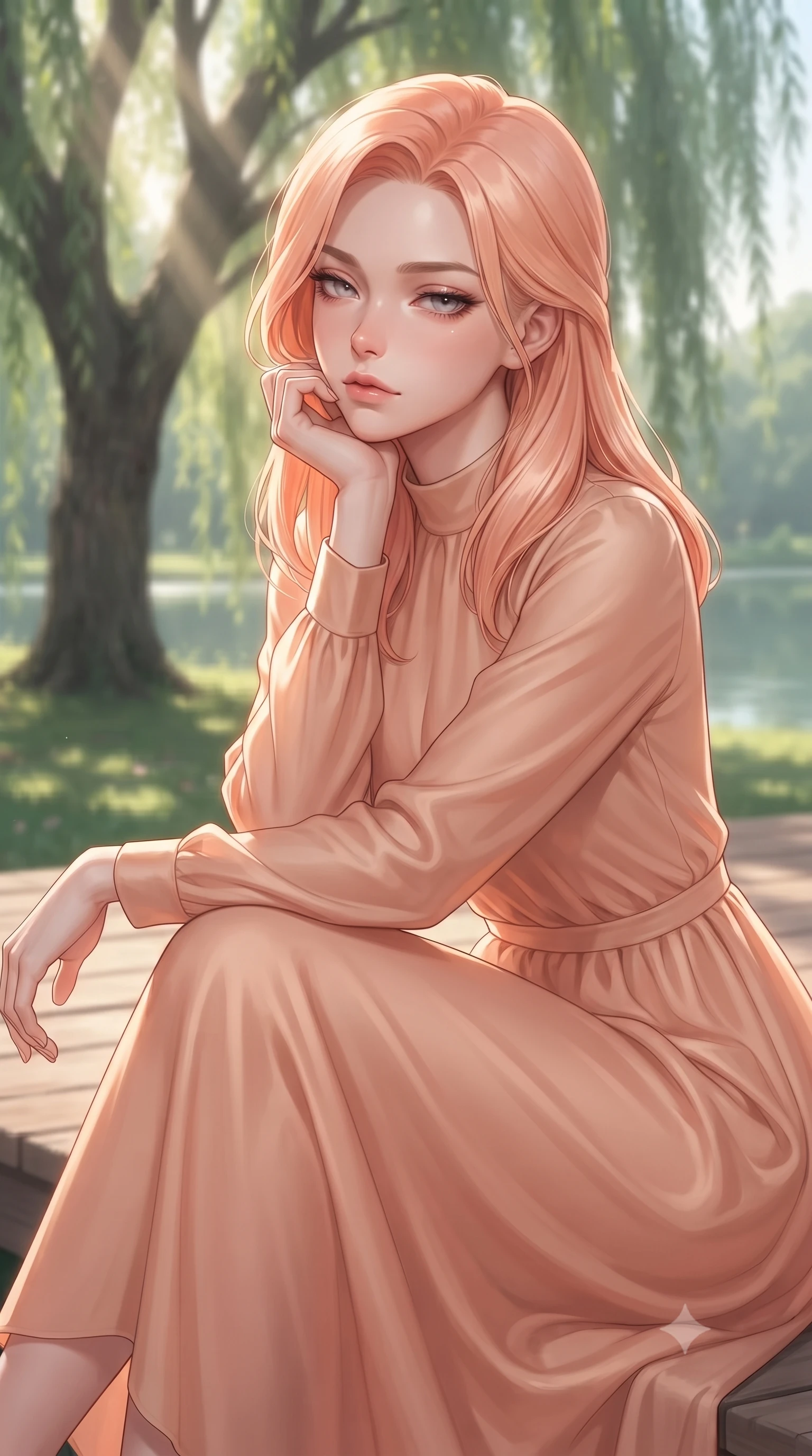 score_9, masterpiece, best quality, ultra-detailed, high-budget anime keyframe, editorial fashion photography, tasteful artistic composition, Japanese woman woman. close-up cowboy shot from the waist and thighs up, the character dominates the composition, filling the frame with her large presence, background elements kept in soft focus. resting her chin on the backs of her fingers, casting a heavy-lidded, sultry look past the camera the background shows a soft-focus a wooden deck under a large willow tree near a calm lake in a private park. She has an exceptionally elegant, slender, and willowy female figure with an ultra-slim waist, a gracefully sculpted slender torso, and a refined silhouette. sharp v-shaped jawline, high-bridge nose, intricate jewel-like eyes with depth, thick eyelashes, glossy lips with a natural sheen. wearing a tailored flowy peach-colored chiffon lounge gown with long sleeves and a modest high collar. dappled sunbeams filtering through the willow leaves onto the grass. ultra-reflective glossy finish, specular highlights, metallic sheen, high-contrast stereoscopic depth, volumetric dynamic lighting, 2k, ultra detail, master piece, 9:16 ratio