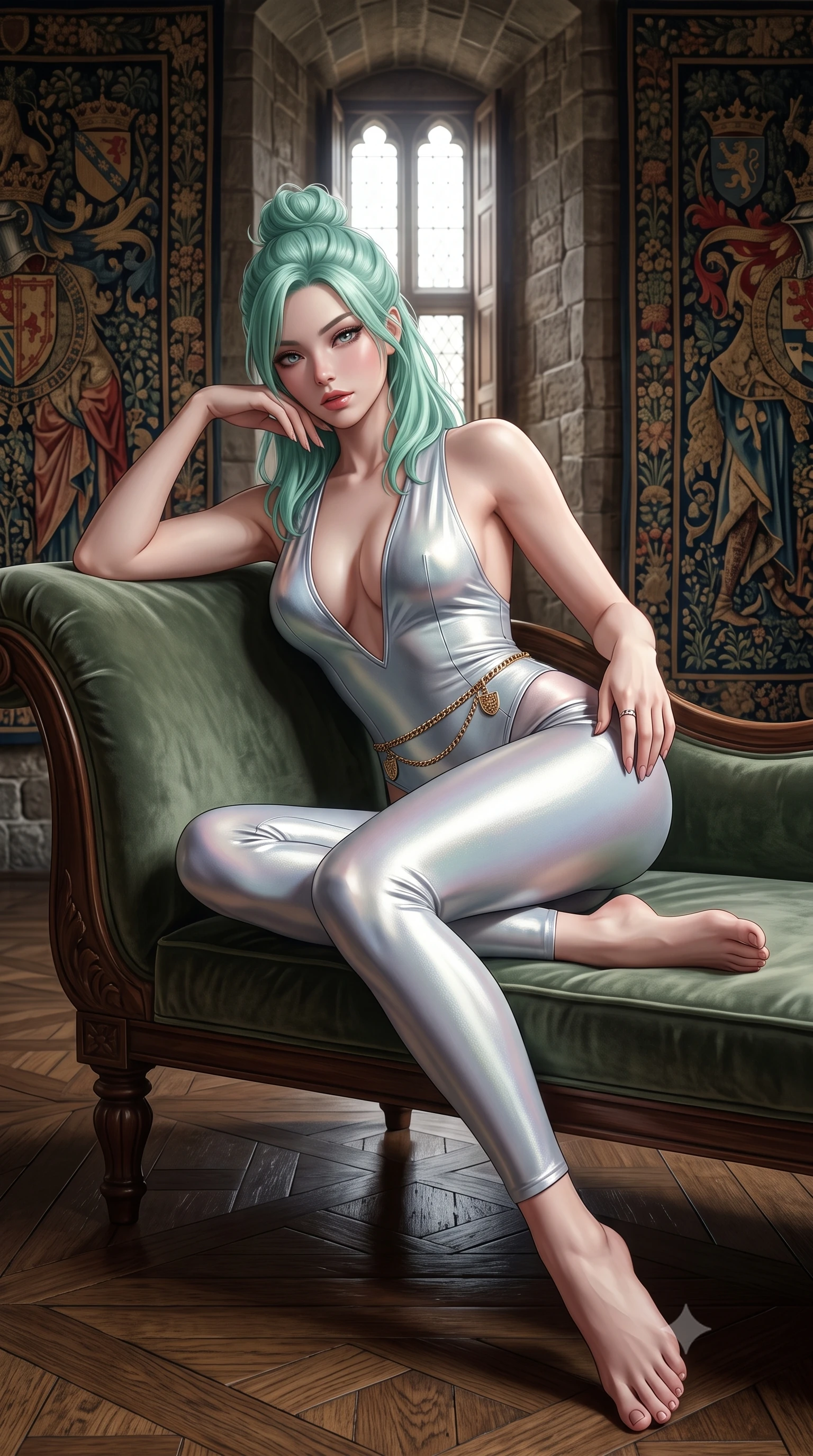 score_9, masterpiece, best quality, ultra-detailed, high-budget anime keyframe, semi-realistic 3D game render, editorial fashion photography, tasteful artistic composition, Japanese woman. low angle full-body shot from head to toe showing her feet, filling the entire 9:16 vertical frame with her statuesque presence, stretching her vertical silhouette. reclining on her side in an elegant Cleopatra pose with one knee drawn up, the dramatic contour of her rounded hips and long slender legs commanding the 9:16 vertical frame while standing poised between towering medieval armorial tapestries, twisting her slender torso in a deep contrapposto stance with smoldering bedroom-eyes. The surrounding environment is rendered in vivid detail and crisp panoramic clarity. rich high-contrast Scottish heritage chiaroscuro and atmospheric ancient fortress romance rendered with precision. She has an exceptionally tall and slender model-like 8.5-heads proportion, an ultra-slim waist, a flat toned midriff, narrow delicate ribcage, and beautifully sculpted feminine hips creating a graceful, slim hourglass silhouette without any bulky heaviness, with impossibly long slender legs. sharp v-shaped jawline, high-bridge nose, intricate jewel-like eyes with depth, thick eyelashes, glossy parted lips with a natural sheen, intensely captivating and seductive bedroom-eyes expression, flawlessly proportioned anatomical accuracy, strict slender model proportions, natural body alignment, perfectly sculpted long slender limbs, ultra-slim waistline, clean dynamic posture without body distortion. wearing a form-contouring equestrian leather-and-gabardine bodysuit with a deep plunge neckline and riding boots in liquid starlight silver and arctic glacier white, crafted from luxurious metallic lamé that shifts radiance with every step, accented with a delicate gold chain belt resting loosely on her curvy hips, the glove-like aerodynamic silhouette tightly following the natural contour of her hips and long slender legs with statuesque 8.5-heads elegance. surrounded by an aristocratic, untamed, and dangerously captivating Scottish highland duchess aura. highly saturated vibrant anime colors, detailed shading with soft gradients, rich glossy textures, high-contrast stereoscopic depth, volumetric dynamic lighting, master piece, 9:16 ratio
