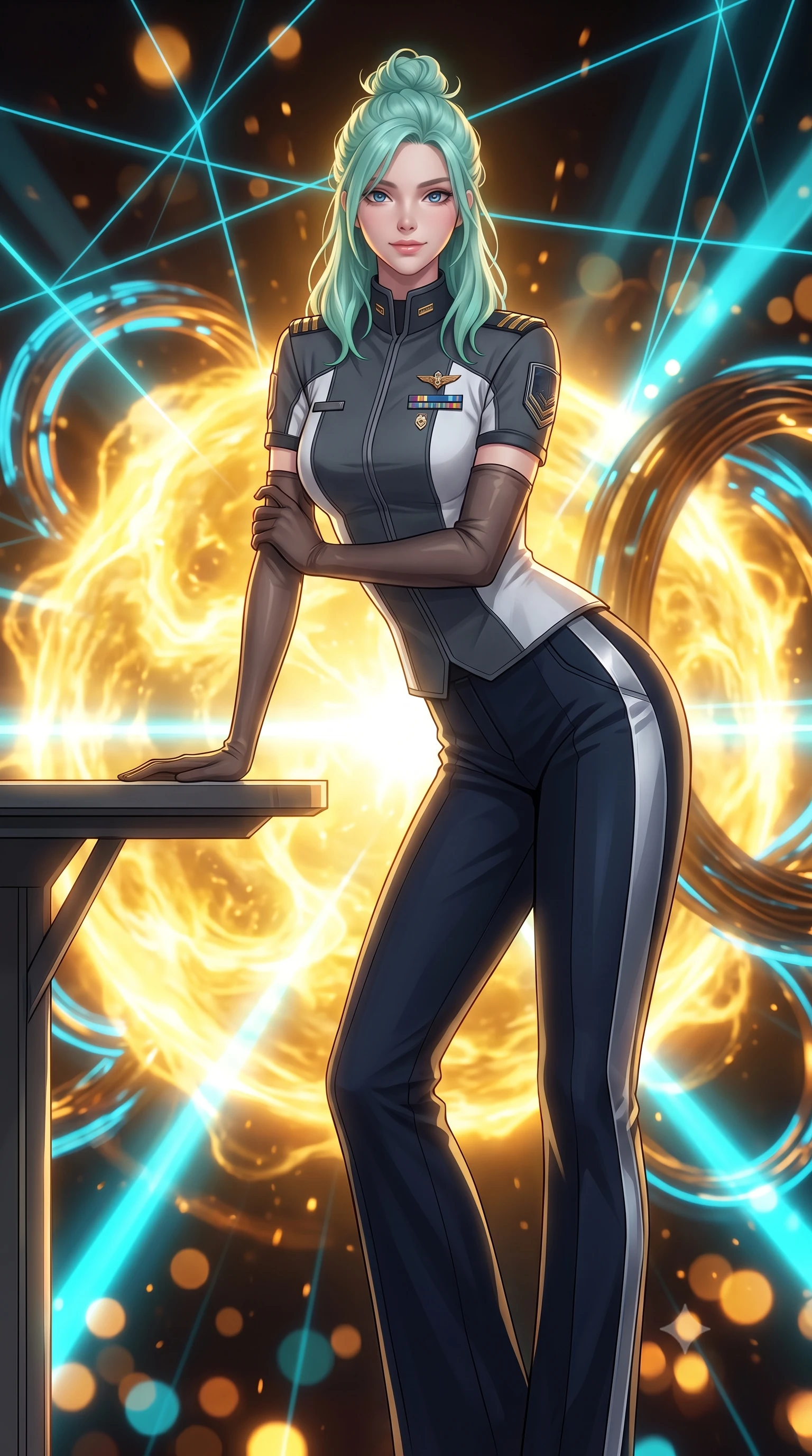 score_9, masterpiece, best quality, ultra-detailed, high-budget anime keyframe, semi-realistic 3D game render, editorial fashion photography, tasteful artistic composition, Japanese woman. close-up cowboy shot from the waist and thighs up, the character dominates the composition, filling the frame with her large presence. resting one elbow on the table and supporting her chin, leaning close to the camera with heavy-lidded sparkling eyes and parted lips while standing poised on the suspended magnetic bridge over the swirling sphere of golden magnetic plasma, arching her spine with breathtaking anime heroine allure. The background shows a soft-focus swirling sphere of molten golden plasma, circular magnetic coil rings pulsing with cyan light, and shimmering heat distortion ripples blurred into gold, amber, and cyan bokeh. She has an exceptionally elegant, slender, and willowy female figure with an ultra-slim waist, flat toned midriff, narrow ribcage, and sculpted feminine hips creating an alluring, slim hourglass silhouette without bulk. sharp v-shaped jawline, high-bridge nose, intricate jewel-like sparkling eyes with depth, thick eyelashes, glossy parted lips with a natural peach sheen, bright cheerful beaming smile with an enchanting and coquettish sensual glint, exuding both youthful cute charm and seductive allure, flawlessly proportioned anatomical accuracy, strict slender model proportions, natural body alignment, perfectly sculpted long slender limbs, ultra-slim waistline, clean dynamic posture without body distortion. wearing a tailored orbital colony command uniform in dark grey and white paneling with rank insignia pins and tailored straight-leg trousers in midnight carbon navy and polished chrome, tailored from high-density tech-wool with subtle metallic thread weave, complemented by sheer opera-length evening gloves tracing her slender arms, the bespoke structured tailoring following the natural line of her 8.5-heads silhouette with refined elegance. bathed in the blinding warm golden 3000K plasma radiance mixed with delicate cyan laser grid lines. highly saturated vibrant anime colors, detailed shading with soft gradients, rich glossy textures, high-contrast stereoscopic depth, volumetric dynamic lighting, master piece, 9:16 ratio