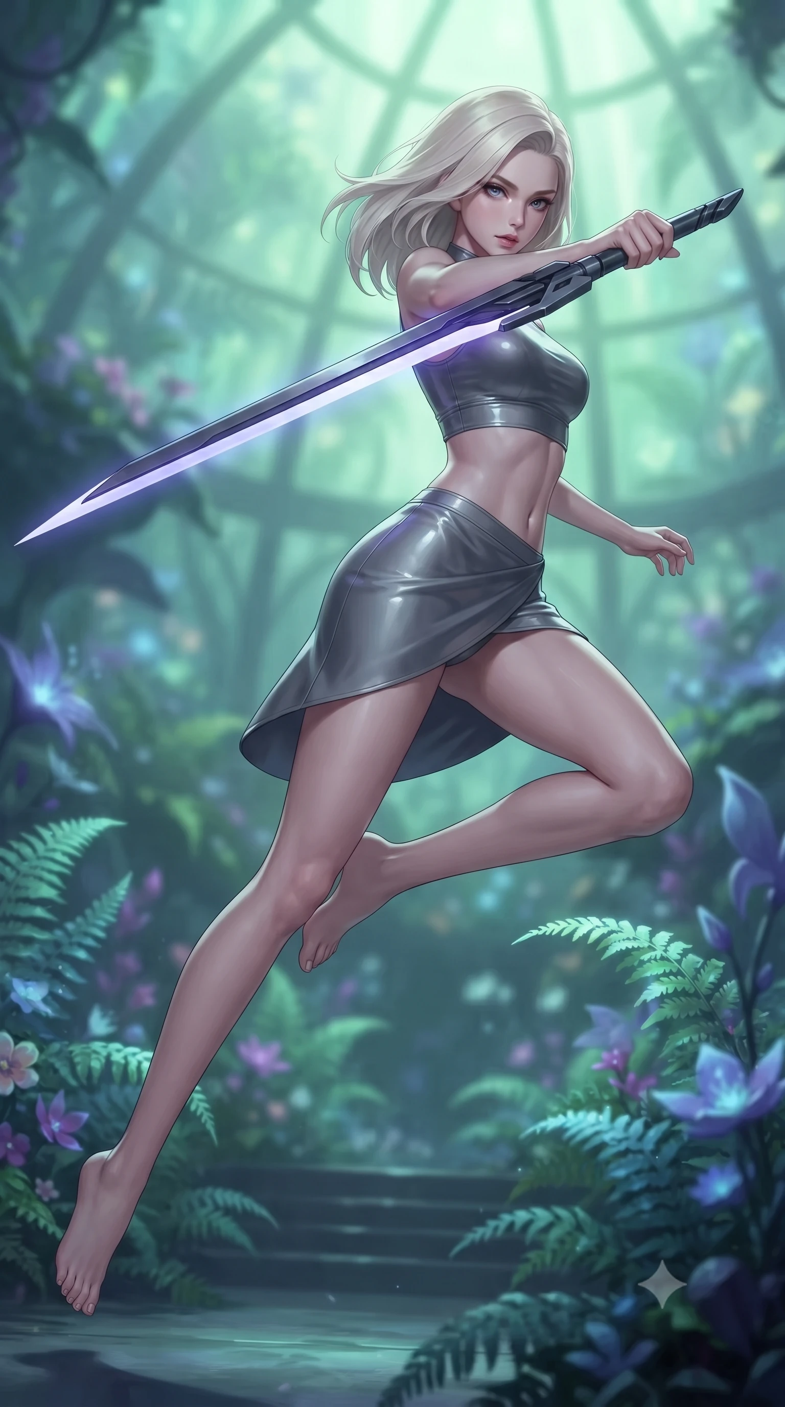 score_9, masterpiece, best quality, ultra-detailed, high-budget anime keyframe, editorial fashion photography, tasteful artistic composition, Caucasian woman. low angle full-body shot from head to toe showing her feet, filling the entire 9:16 vertical frame with her statuesque presence, stretching her vertical silhouette. leaping forward while slashing with a twin-bladed plasma sword in mid-air, her body-contouring suit showing her athletic silhouette, the background shows a soft-focus a citadel garden dome filled with bio-engineered ferns and flowers. She has an absolutely perfect, statuesque 8.5-heads proportion, an exceptionally tall and slender model-like female figure with impossibly long slender legs and an ultra-slim waist. sharp v-shaped jawline, high-bridge nose, intricate jewel-like eyes with depth, thick eyelashes, glossy lips with a natural sheen. wearing a slim-fit summer-combat crop top and wrap skirt set in carbon-grey, showing her delicately sculpted midriff. soft green and indigo bioluminescent plant lighting casting a serene wash. ultra-reflective glossy finish, specular highlights, metallic sheen, high-contrast stereoscopic depth, volumetric dynamic lighting, 2k, ultra detail, master piece, 9:16 ratio