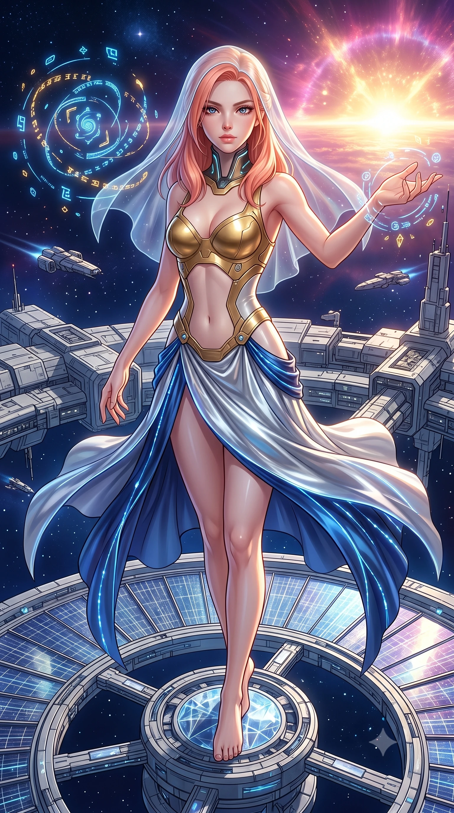 score_9, masterpiece, best quality, ultra-detailed, high-budget anime keyframe, semi-realistic 3D game render, editorial fashion photography, tasteful artistic composition, Japanese woman. close-up cowboy shot from the waist and thighs up, the character dominates the composition, filling the frame with her large presence. extending one arm gracefully as floating holographic glyphs and nano-crystals orbit her fingertips with sovereign power while pivoting dynamically on a solar collector ring as a distant celestial supernova paints the horizon in radiant gold and magenta. The surrounding environment is rendered in vivid detail and crisp panoramic clarity. intricate space station module geometry, cosmic supernova filament structures, and starlight in high clarity. She has an exceptionally elegant, slender, and willowy female figure with an ultra-slim waist, a gracefully sculpted slender torso, toned flat midriff, and a refined slim silhouette. sharp v-shaped jawline, high-bridge nose, intricate jewel-like eyes with depth, thick eyelashes, glossy lips with a natural sheen, flawlessly proportioned anatomical accuracy, strict slender model proportions, natural body alignment, perfectly sculpted long slender limbs, ultra-slim waistline, clean dynamic posture without body distortion. wearing an ethereal translucent cyber-veil paired with a sculpted golden mechanical cuirass and high-fashion draped silk skirt in liquid platinum silver and deep sapphire blue LED filaments, formed from high-gloss patent material with specular chiaroscuro reflections, featuring a sleek aerodynamic collar framed by subtle glowing cybernetic accents, the glove-like aerodynamic second-skin fit tightly clinging to her ultra-slender waist and athletic curves without adding bulk, accentuating her razor-sharp statuesque lines and slim hourglass silhouette. bathed in dazzling high-noon orbital sunlight and rich blue planetary ambient bounce light. rich saturated anime colors with glowing neon highlights, detailed shading with soft gradients, rich glossy textures, high-contrast stereoscopic depth, volumetric dynamic lighting, master piece, 9:16 ratio