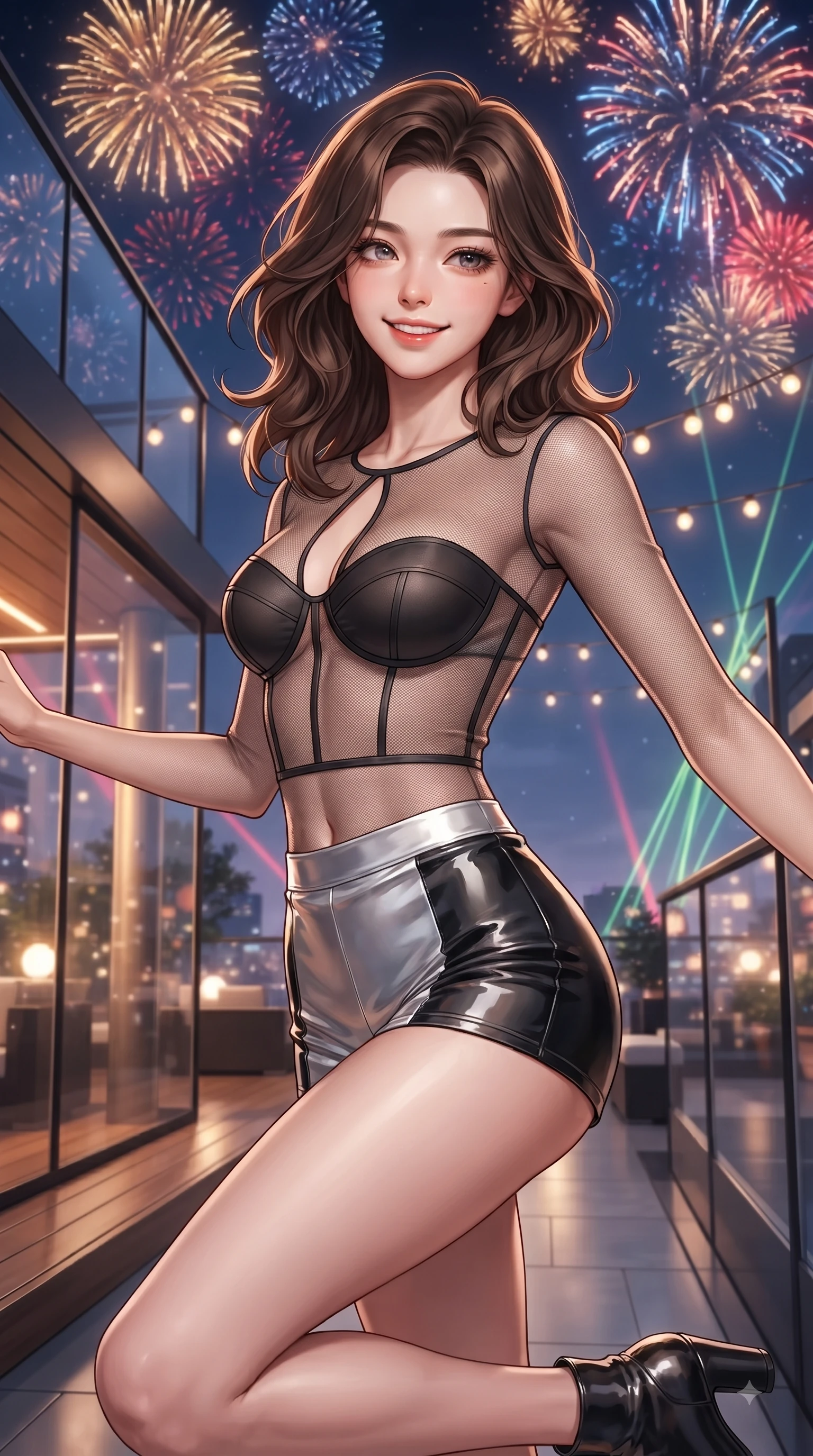 score_9, masterpiece, best quality, ultra-detailed, high-budget anime keyframe, editorial fashion photography, tasteful artistic composition, Korean woman. close-up cowboy shot from the waist and thighs up, the character dominates the composition, filling the frame with her large presence, background elements kept in soft focus. Warm delightful smile while casting a playful, joyful side-gaze with heavy lashes and a glowing expression while leaping joyfully on a high-rise penthouse rooftop deck under a sky of festive fireworks, sleek glass and wood terrace textures reflecting warm party light beams. She has an exceptionally elegant, slender, and willowy female figure with an ultra-slim waist, a gracefully sculpted slender torso, and a refined silhouette. sharp v-shaped jawline, high-bridge nose, intricate jewel-like eyes with depth, thick eyelashes, glossy lips with a natural sheen, flawlessly proportioned anatomical accuracy, natural body alignment, perfectly sculpted elegant limbs, clean dynamic posture without body distortion. wearing a delicate see-through mesh top with structured cup boning and micro-shorts in matte black and polished silver, tailored from high-gloss patent leather, accented with a Tasteful chest slit framing her clavicle gracefully, the sleek second-skin texture accentuating her magnetic presence. surrounded by an electric, joyful party atmosphere with high specular shine. ultra-reflective glossy finish, specular highlights, metallic sheen, high-contrast stereoscopic depth, volumetric dynamic lighting, 2k, ultra detail, master piece, 9:16 ratio