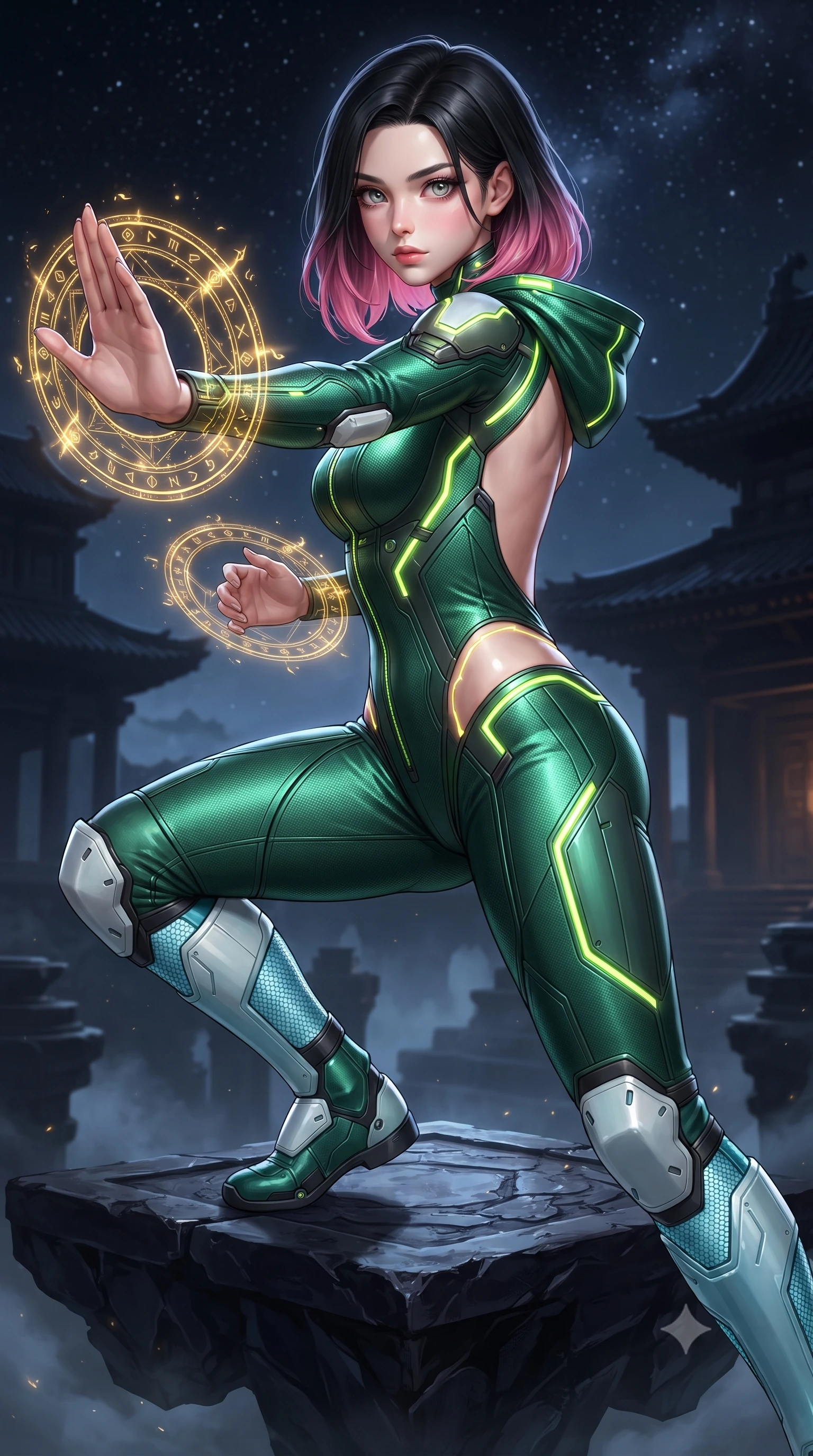 score_9, masterpiece, best quality, ultra-detailed, high-budget anime keyframe, editorial fashion photography, tasteful artistic composition, Korean woman. close-up cowboy shot from the waist and thighs up, the character dominates the composition, filling the frame with her large presence. in a razor-sharp Panzer Kunst fighting guard, one hand extended with palm open in fluid kinetic tension, captivating jewel-like eyes locked onto the viewer with dangerous focus while standing poised on a floating obsidian altar as golden holographic runes orbit her palms in concentrated energy focus. The surrounding environment is rendered in vivid detail and crisp panoramic clarity. dramatic chiaroscuro contrast between glowing golden energy and dark mystical architecture in precision. She has an exceptionally elegant, slender, and willowy female figure with an ultra-slim waist, a gracefully sculpted slender torso, toned flat midriff, and a refined slim silhouette. sharp v-shaped jawline, high-bridge nose, intricate jewel-like eyes with depth, thick eyelashes, glossy lips with a natural sheen, flawlessly proportioned anatomical accuracy, strict slender model proportions, natural body alignment, perfectly sculpted long slender limbs, ultra-slim waistline, clean dynamic posture without body distortion. wearing a tailored emerald-green carbon-fiber tactical jumpsuit with glowing lime LED channels, open cowl back, and reinforced combat shin-guards in glacial ice-cyan carbon mesh with pure white armor plates, crafted from semi-translucent cybernetic carbon-vinyl interwoven with glowing micro-filaments, accented with glowing fiber-optic conduits tracing her collarbones and hip curves, the liquid-tight tailored fabric emphasizing every curve of her tall, slender model proportions and sculptured silhouette during dynamic movement. illuminated by crisp specular highlights tracing her sculpted flat midriff, bare spine, and slender limbs. ultra-reflective glossy finish, specular highlights, dark metallic sheen, high-contrast stereoscopic depth, volumetric dynamic lighting, 2k, ultra detail, master piece, 9:16 ratio
