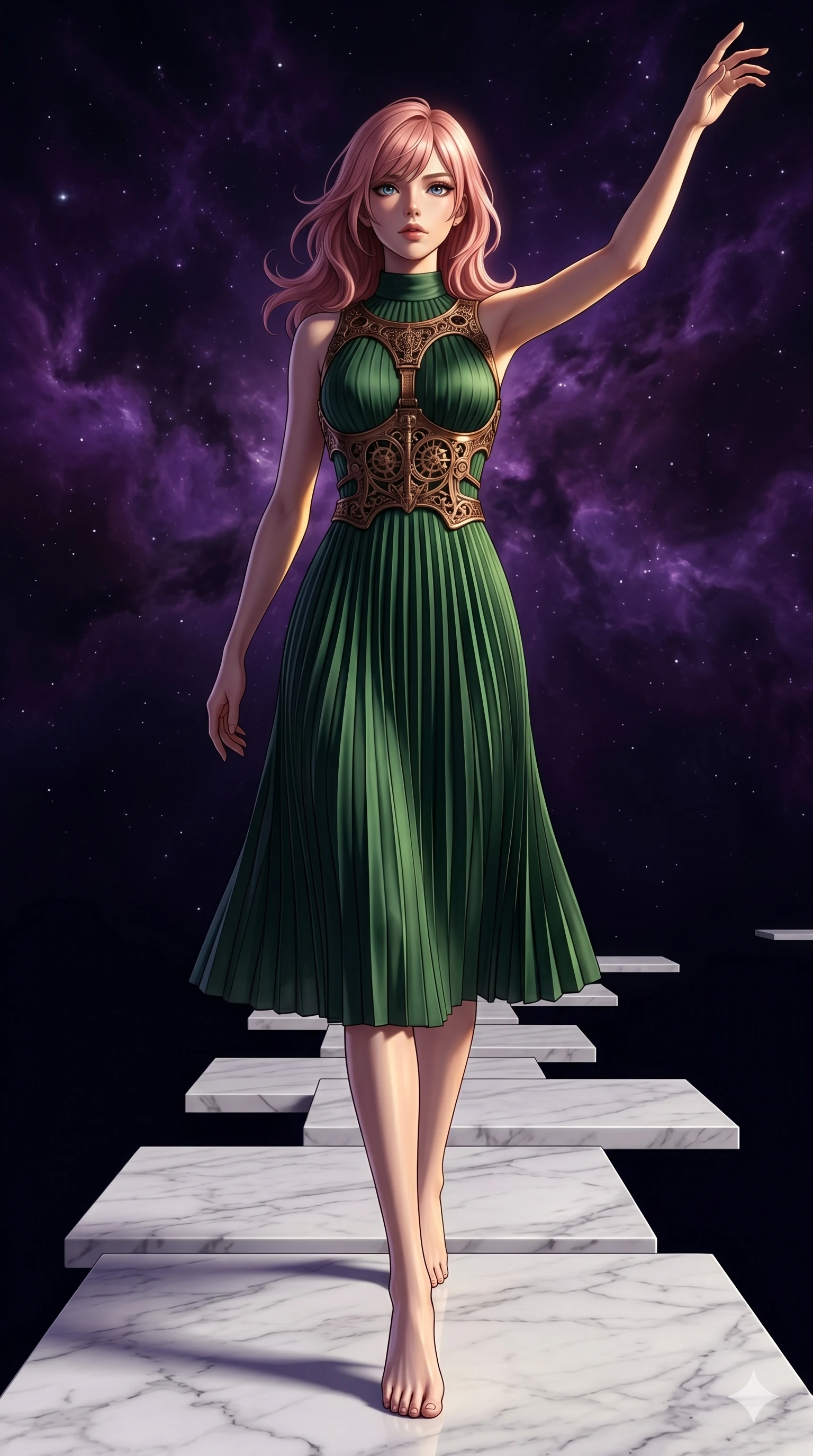 score_9, masterpiece, best quality, ultra-detailed, high-budget anime keyframe, editorial fashion photography, tasteful artistic composition, Japanese woman. low angle full-body shot from head to toe showing her feet, filling the entire 9:16 vertical frame with her statuesque presence, stretching her vertical silhouette. Gliding forward with one arm sweeping upward toward the sky on a pathway of white marble tiles floating in a dark void of purple nebula gas. She has an absolutely perfect 8-heads proportion, an exceptionally tall and slender female figure with impossibly long slender legs and an ultra-slim waist. V-shaped jawline, high-bridge nose, intricate jewel-like eyes with depth, thick eyelashes, glossy lips with a natural sheen. wearing a sculpted bronze harness with gear-inspired details worn over a structured high-neck midi dress in forest green pleated silk. lit by dramatic chiaroscuro with a single golden key light carving her facial contours and figure. 2k, ultra detail, master piece, 9:16 ratio