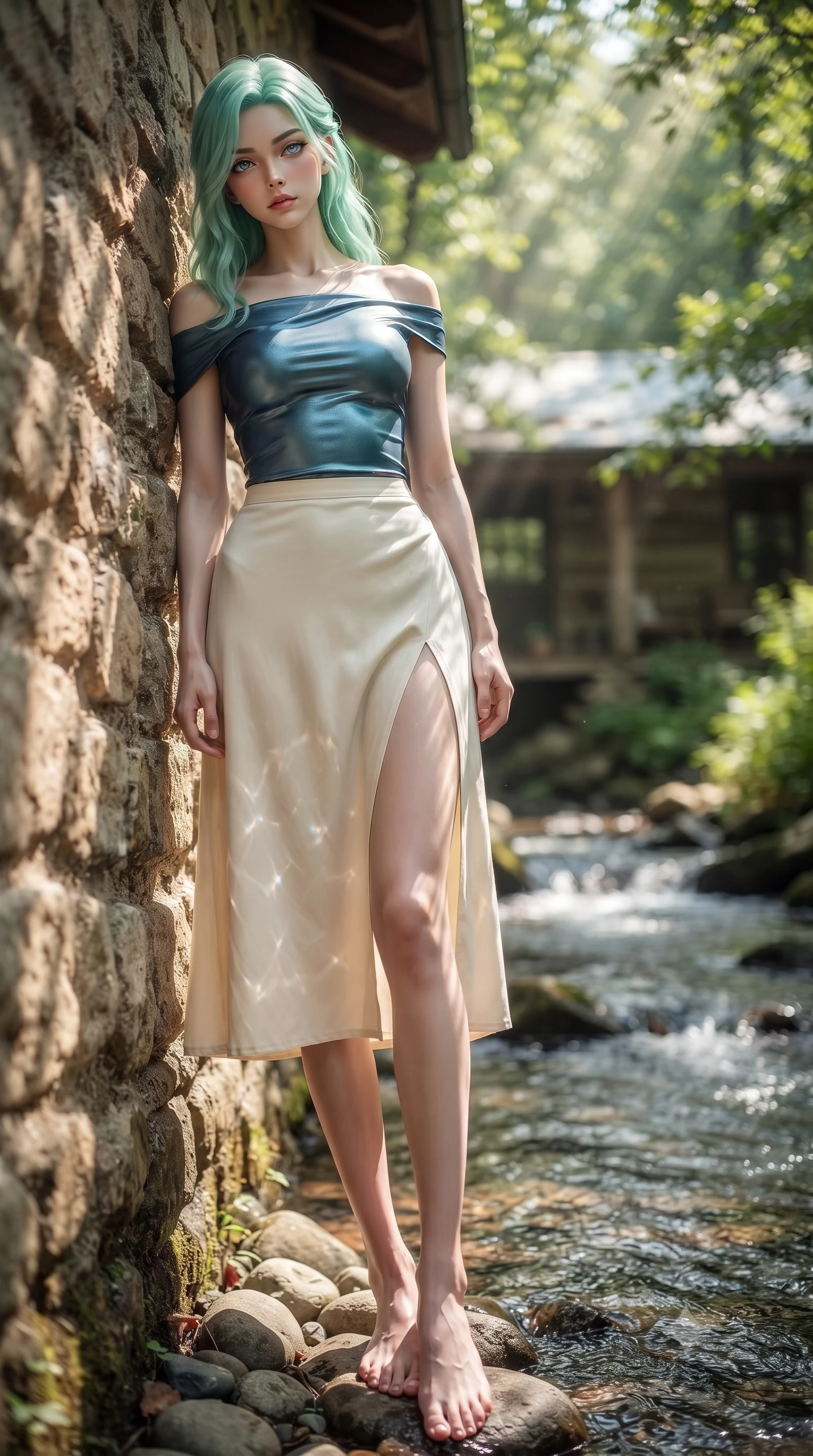 score_9, masterpiece, best quality, ultra-detailed, high-budget anime keyframe, editorial fashion photography, tasteful artistic composition, Japanese woman woman. low angle full-body shot from head to toe showing her feet, filling the entire 9:16 vertical frame with her statuesque presence, stretching her vertical silhouette. leaning back against a rustic stone wall, casting a slow, alluring gaze at the camera the background shows a soft-focus a cozy cottage porch beside a bubbling forest stream with clear running water. She has an absolutely perfect, statuesque 8.5-heads proportion, an exceptionally tall and slender model-like female figure with impossibly long slender legs and an ultra-slim waist. sharp v-shaped jawline, high-bridge nose, intricate jewel-like eyes with depth, thick eyelashes, glossy lips with a natural sheen. wearing a form-contouring asymmetric off-shoulder top paired with a high-slit midi skirt, revealing a glimpse of her clavicle lines. dappled sunbeams reflecting off the moving water surface onto her form. ultra-reflective glossy finish, specular highlights, metallic sheen, high-contrast stereoscopic depth, volumetric dynamic lighting, 2k, ultra detail, master piece, 9:16 ratio