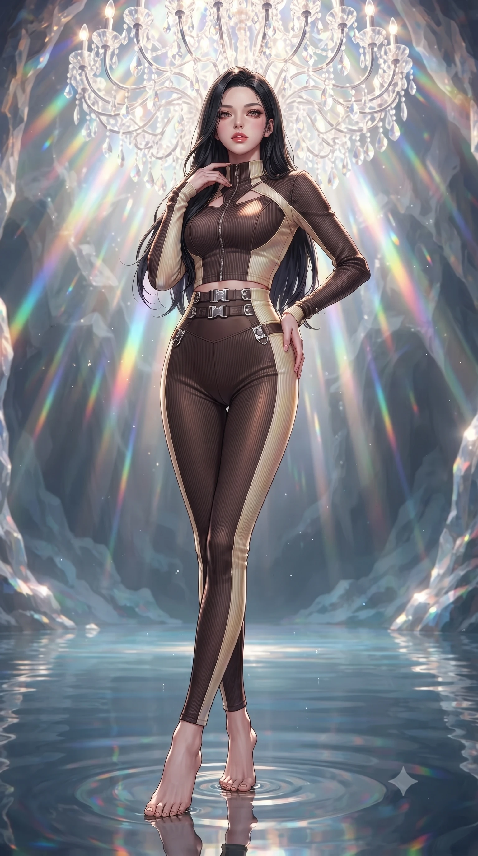 score_9, masterpiece, best quality, ultra-detailed, high-budget anime keyframe, editorial fashion photography, tasteful artistic composition, Korean woman. low angle full-body shot from head to toe showing her feet, filling the entire 9:16 vertical frame with her statuesque presence, stretching her vertical silhouette. navigating the luminous space with effortless poise, displaying her perfect model proportions poised beneath a giant crystal chandelier refracting subterranean sunlight, still mirror-like water below reflecting her statuesque figure flawlessly. She has an absolutely perfect, statuesque 8.5-heads proportion, an exceptionally tall and slender model-like female figure with impossibly long slender legs and an ultra-slim waist. sharp v-shaped jawline, high-bridge nose, intricate jewel-like eyes with depth, thick eyelashes, glossy lips with a natural sheen. wearing a form-fitting ribbed activewear set with collar cutouts in espresso brown and warm cream, crafted from iridescent chiffon that shifts colors in the light, detailed with polished silver buckles along the waistline, the glove-like fit emphasizing her statuesque silhouette. bathed in brilliant prismatic light filtering from a natural cavern skylight. ultra-reflective glossy finish, specular highlights, metallic sheen, high-contrast stereoscopic depth, volumetric dynamic lighting, 2k, ultra detail, master piece, 9:16 ratio