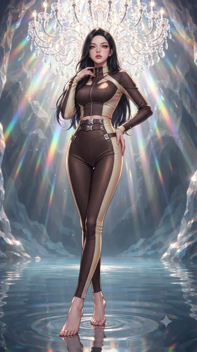 score_9, masterpiece, best quality, ultra-detailed, high-budget anime keyframe, editorial fashion photography, tasteful artistic composition, Korean woman. low angle full-body shot from head to toe showing her feet, filling the entire 9:16 vertical f