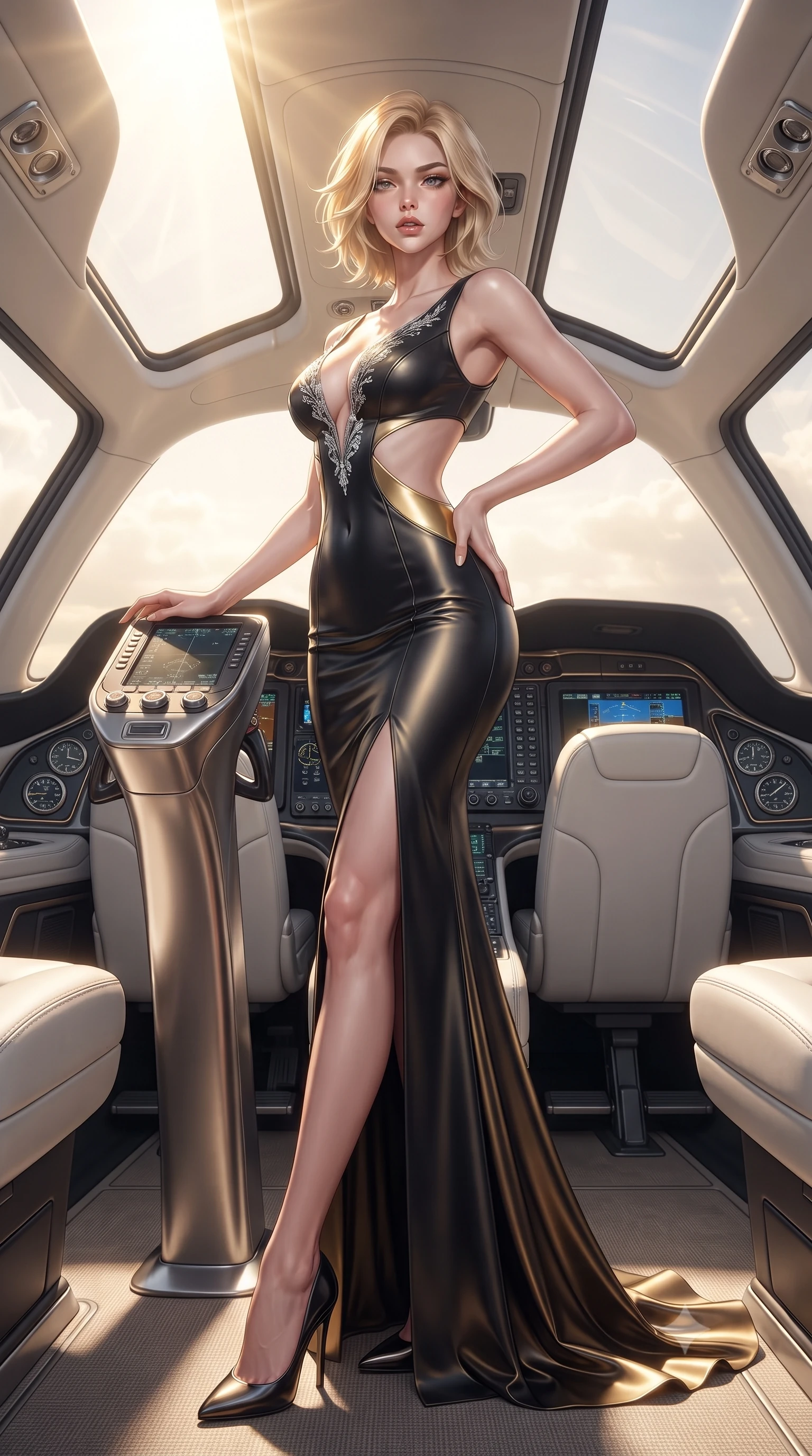 score_9, masterpiece, best quality, ultra-detailed, high-budget anime keyframe, editorial fashion photography, tasteful artistic composition, Caucasian woman. low angle full-body shot from head to toe showing her feet, filling the entire 9:16 vertical frame with her statuesque presence, stretching her vertical silhouette. reclining on her side in an elegant Cleopatra pose with one knee drawn up, the dramatic contour of her rounded hips and long slender legs commanding the 9:16 vertical frame while standing poised beside the aerodynamic titanium navigation pedestal, twisting her slender torso in an alluring contrapposto stance in the golden twilight. The surrounding environment is rendered in vivid detail and crisp panoramic clarity. sharp stitched white leather upholstery seams, polished chrome avionics dials, and scratchless aircraft canopy glass in deep focus. She has an exceptionally tall and slender model-like 8.5-heads proportion, an ultra-slim waist, a flat toned midriff, narrow delicate ribcage, and beautifully sculpted feminine hips creating a graceful, slim hourglass silhouette without any bulky heaviness, with impossibly long slender legs. sharp v-shaped jawline, high-bridge nose, intricate jewel-like eyes with depth, thick eyelashes, glossy parted lips with a natural sheen, intensely captivating and seductive bedroom-eyes expression, flawlessly proportioned anatomical accuracy, strict slender model proportions, natural body alignment, perfectly sculpted long slender limbs, ultra-slim waistline, clean dynamic posture without body distortion. wearing a sculptured liquid-satin mermaid gown with an architectural open-waist cutout and bare spine in midnight obsidian black and liquid gold, formed from supple second-skin lambskin leather with specular sheen, finished with delicate crystal frost embroidery tracing the plunging neckline, the second-skin form-contouring cut accentuating her sculpted flat midriff, narrow delicate ribcage, and gracefully curvy hips with supermodel precision. bathed in glorious golden hour stratospheric sunbeams filtering through the glass canopy. ultra-reflective glossy finish, specular highlights, rich textural contrasts, high-contrast stereoscopic depth, volumetric dynamic lighting, 2k, ultra detail, master piece, 9:16 ratio