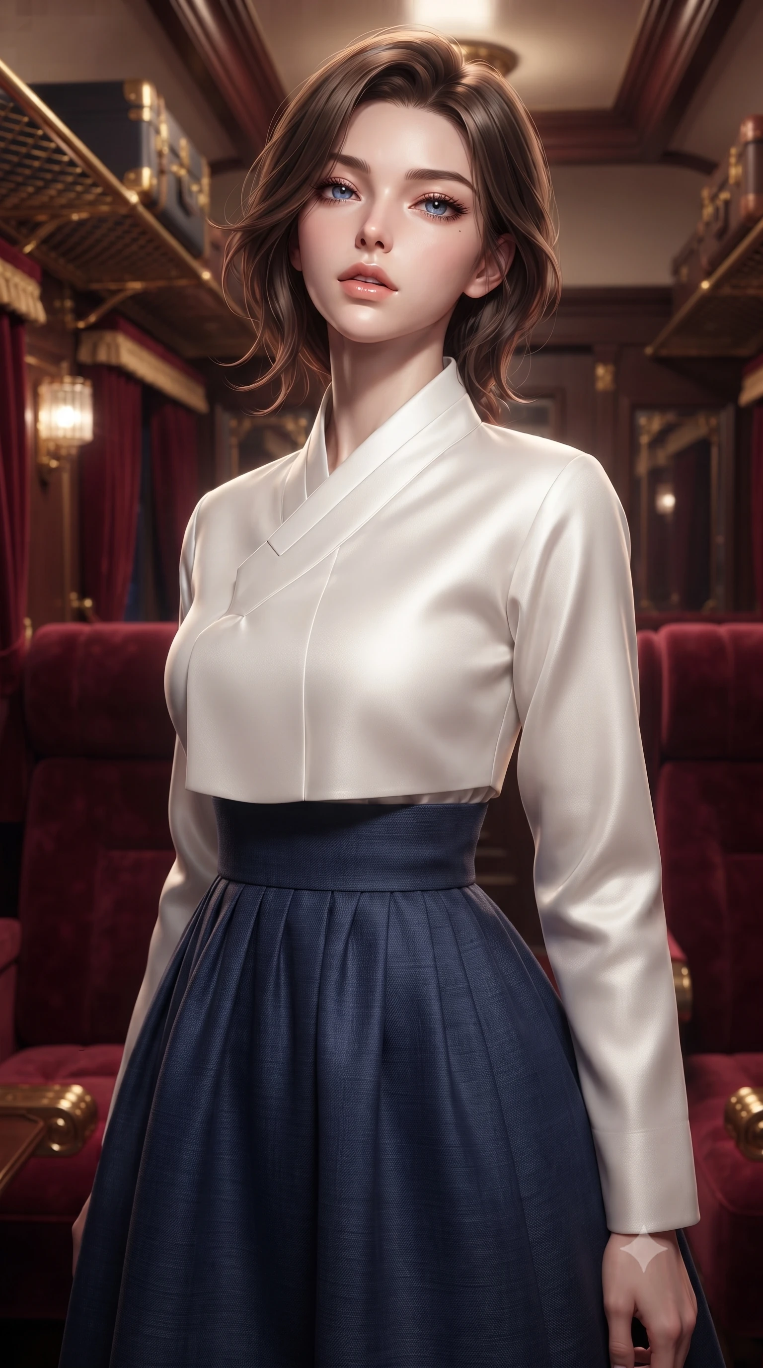 score_9, masterpiece, best quality, ultra-detailed, high-budget anime keyframe, editorial fashion photography, tasteful artistic composition, Korean woman. close-up cowboy shot from the waist and thighs up, the character dominates the composition, filling the frame with her large presence, background elements kept in soft focus. tilting her chin up slightly with lips parted in a composed, provocative expression the background shows a soft-focus a private compartment with plush velvet seats and gold-trimmed luggage racks. She has an exceptionally elegant, slender, and willowy female figure with an ultra-slim waist, a gracefully sculpted slender torso, and a refined silhouette. sharp v-shaped jawline, high-bridge nose, intricate jewel-like eyes with depth, thick eyelashes, glossy lips with a natural sheen. wearing a tailored modern fusion hanbok dress with a navy blue linen skirt and a high-neck white silk jeogori wrapper. soft spotlighting highlighting the detailed fabrics of her outfit. ultra-reflective glossy finish, specular highlights, metallic sheen, high-contrast stereoscopic depth, volumetric dynamic lighting, 2k, ultra detail, master piece, 9:16 ratio
