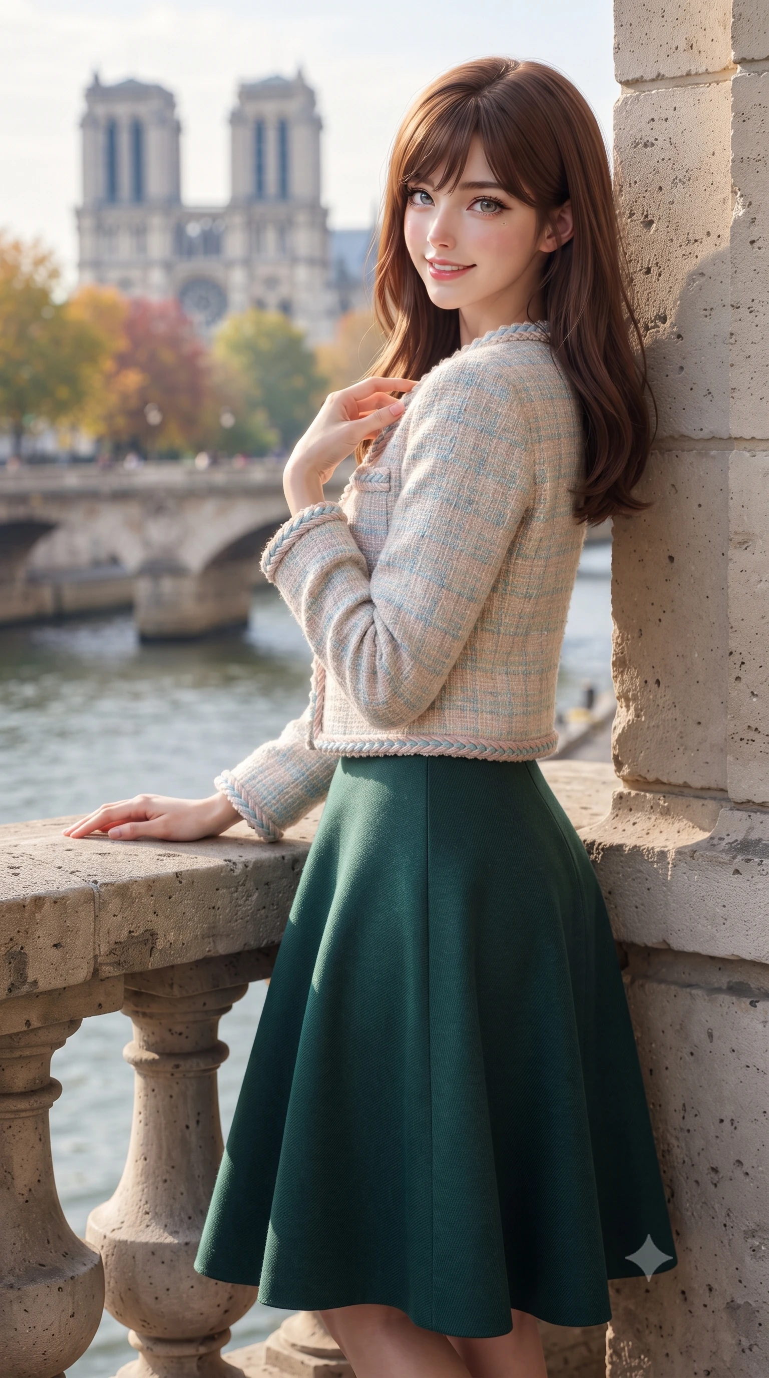 score_9, masterpiece, best quality, ultra-detailed, high-budget anime keyframe, editorial fashion photography, tasteful artistic composition, Korean woman. close-up cowboy shot from the waist and thighs up, the character dominates the composition, filling the frame with her large presence. resting one hand gracefully on her tailored blazer lapel while looking into the camera with bright, sparkling eyes while leaning against the exterior limestone window frame with one hand resting on the balustrade, glancing back with sophisticated Parisian charm. The background shows a soft-focus flowing River Seine waters, autumn-colored trees along the quays, historic stone bridges, and distant Notre-Dame towers blurred into slate blue, copper, and zinc grey bokeh. She has an exceptionally elegant, slender, and willowy female figure with an ultra-slim waist, flat toned midriff, narrow ribcage, and sculpted feminine hips creating an alluring, slim hourglass silhouette without bulk. sharp v-shaped jawline, high-bridge nose, intricate jewel-like sparkling eyes with depth, thick eyelashes, glossy parted lips with a natural peach sheen, bright cheerful beaming smile with an enchanting and coquettish sensual glint, exuding both youthful cute charm and seductive allure, flawlessly proportioned anatomical accuracy, strict slender model proportions, natural body alignment, perfectly sculpted long slender limbs, ultra-slim waistline, clean dynamic posture without body distortion. wearing a collarless pastel bouclé tweed jacket with braided trims paired with a coordinating high-waisted A-line midi skirt in St. Moritz pine forest emerald and heather grey, woven from fine Australian merino wool with a smooth fluid drape and subtle sheen, featuring delicate tonal horn buttons and meticulous hand-stitched pick-lapel borders, the precision-cut high-waisted tailoring accentuating her ultra-slim waist and long slender leg line with immaculate aristocratic poise. bathed in soft, luminous early morning autumn sunlight reflecting off the Seine river surface and stone facades. ultra-reflective glossy finish, specular highlights, rich textural contrasts, high-contrast stereoscopic depth, volumetric dynamic lighting, 2k, ultra detail, master piece, 9:16 ratio