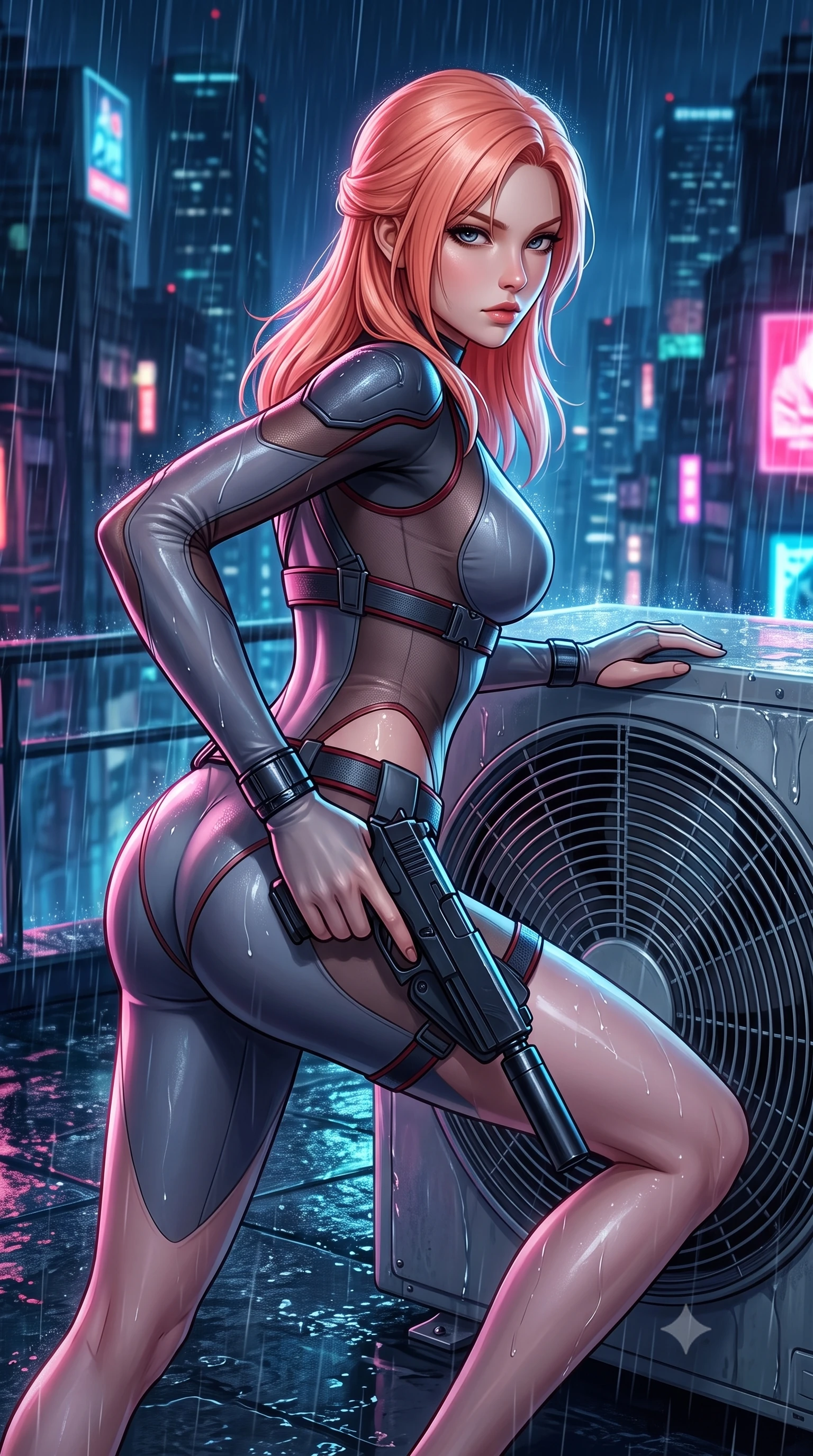 score_9, masterpiece, best quality, ultra-detailed, high-budget anime keyframe, semi-realistic 3D game render, editorial fashion photography, tasteful artistic composition, Japanese woman. close-up cowboy shot from the waist and thighs up, the character dominates the composition, filling the frame with her large presence. turning over her shoulder with an indomitable, smoldering gaze, her soft hair framing her razor-sharp v-shaped jawline while drawing her sleek silenced sidearm in a fluid tactical draw while crouching behind an air-conditioning turbine unit. The surrounding environment is rendered in vivid detail and crisp panoramic clarity. intense neo-noir chiaroscuro and atmospheric rain-soaked metropolis action aesthetics rendered with precision. She has an exceptionally elegant, slender, and willowy female figure with an ultra-slim waist, a gracefully sculpted slender torso, toned flat midriff, and a refined slim silhouette. sharp v-shaped jawline, high-bridge nose, intricate jewel-like eyes with depth, thick eyelashes, glossy lips with a natural sheen, captivating and magnetic expression, flawlessly proportioned anatomical accuracy, strict slender model proportions, natural body alignment, perfectly sculpted long slender limbs, ultra-slim waistline, clean dynamic posture without body distortion. wearing a sharp asymmetrical spy bodysuit with sheer contouring mesh panels, reinforced strike shoulders, and utility waist harness in storm grey and dark scarlet trim, made of high-mobility liquid jersey and semi-opaque reinforced mesh, accented with concealed lockpick wristbands and polished dark chrome hardware edition #31, the glove-like aerodynamic second-skin fit tightly clinging to her ultra-slender waist and athletic curves without adding bulk, accentuating her razor-sharp statuesque lines and slim hourglass silhouette. illuminated by wet specular highlights tracing her sculpted flat midriff, waistline, and long legs. highly saturated vibrant anime colors, detailed shading with soft gradients, rich glossy textures, high-contrast stereoscopic depth, volumetric dynamic lighting, master piece, 9:16 ratio