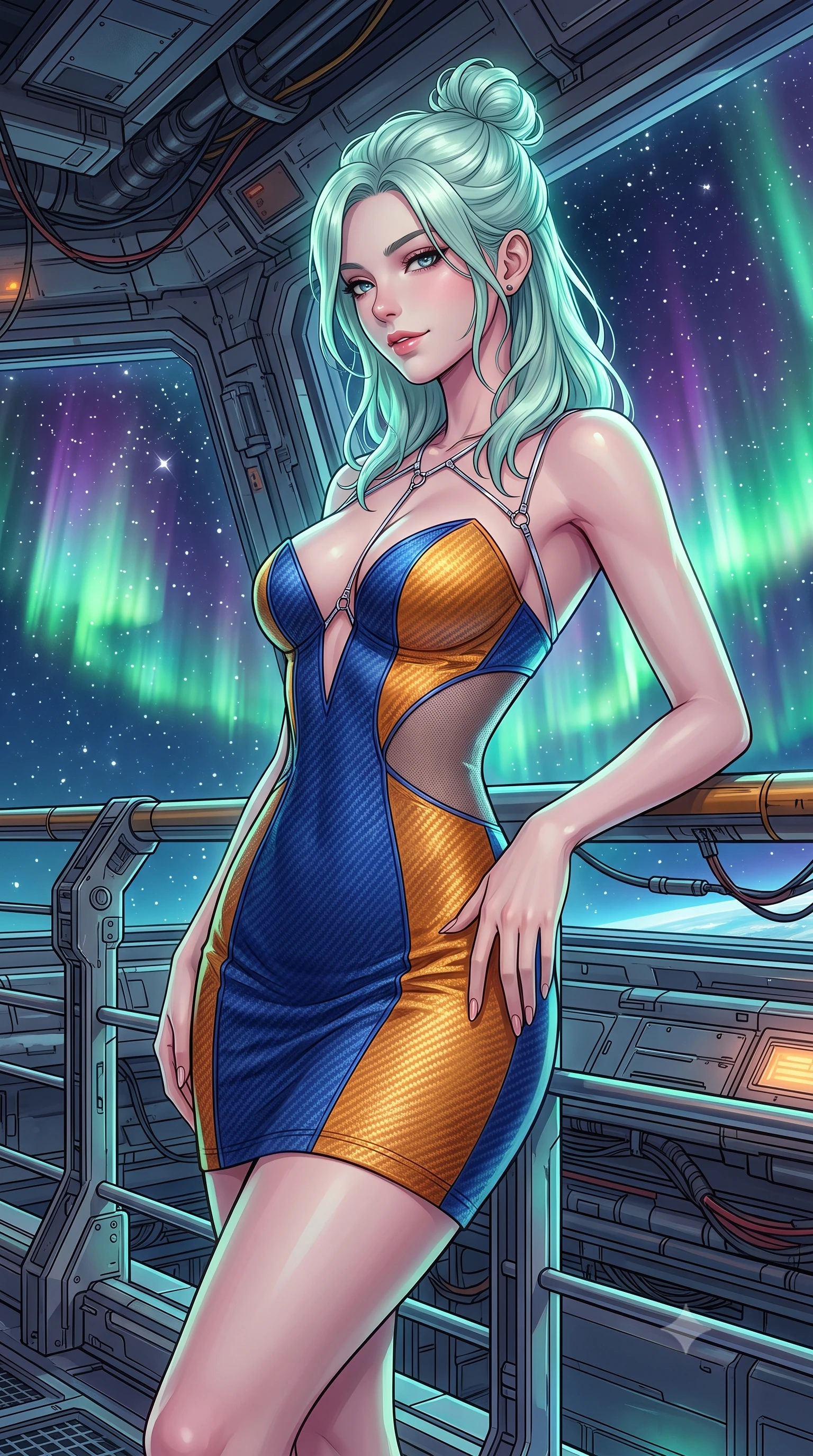 score_9, masterpiece, best quality, ultra-detailed, high-budget anime keyframe, semi-realistic 3D game render, editorial fashion photography, tasteful artistic composition, Japanese woman. close-up cowboy shot from the waist and thighs up, the character dominates the composition, filling the frame with her large presence. tilting her head with a teasing half-smile, running one hand slowly down the side of her hip in a flirtatious S-curve as ambient light caresses her silhouette while leaning against the zero-gravity safety rail with hips cocked back, looking through the starfield at shimmering green aurora curtains with smoldering bedroom-eyes. The surrounding environment is rendered in vivid detail and crisp panoramic clarity: detailed anime keyframe lines, rich glossy textures, and cutting-edge orbital station structure in razor-sharp precision. She has an exceptionally elegant, slender, and willowy female figure with an ultra-slim waist, flat toned midriff, narrow ribcage, and sculpted feminine hips creating an alluring, slim hourglass silhouette without bulk. sharp v-shaped jawline, high-bridge nose, intricate jewel-like sparkling eyes with depth, thick eyelashes, glossy parted lips with a natural peach sheen, bright cheerful beaming smile with an enchanting and coquettish sensual glint, exuding both youthful cute charm and seductive allure, flawlessly proportioned anatomical accuracy, strict slender model proportions, natural body alignment, perfectly sculpted long slender limbs, ultra-slim waistline, clean dynamic posture without body distortion. wearing an alluring plunging sweetheart bodice dress with sheer mesh side-waist cutouts contouring her ribs in Jovian amber and electric storm cobalt, woven from structured carbon-fiber jacquard with rich textural depth, accented with a chrome-drop body harness subtly framing her dewy collarbones and spine, the bespoke structured tailoring following the natural line of her 8.5-heads silhouette with refined elegance. bathed in iridescent green and purple polar aurora luminescence mixed with crisp white starlight. highly saturated vibrant anime colors, detailed shading with soft gradients, rich glossy textures, high-contrast stereoscopic depth, volumetric dynamic lighting, master piece, 9:16 ratio