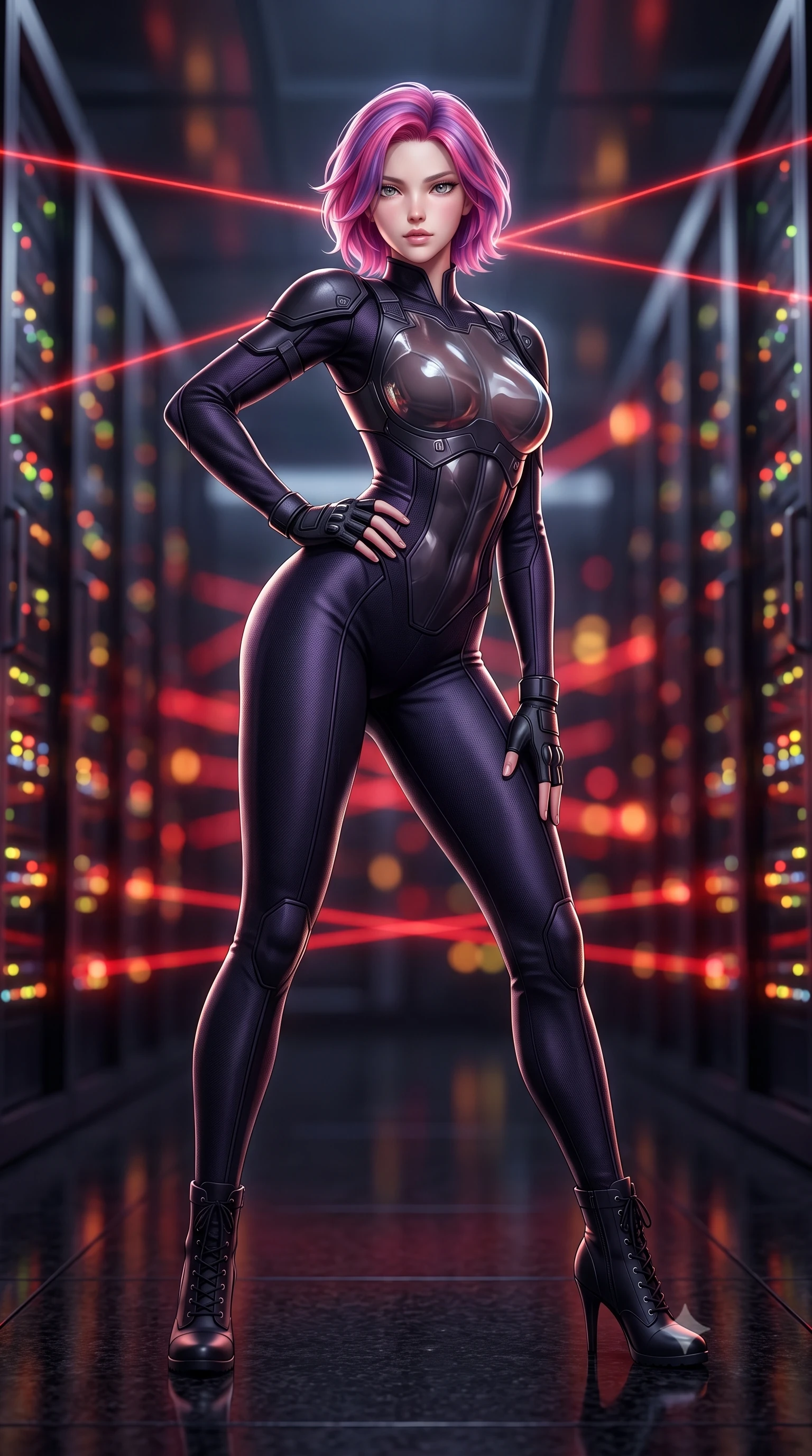 score_9, masterpiece, best quality, ultra-detailed, high-budget anime keyframe, semi-realistic 3D game render, editorial fashion photography, tasteful artistic composition, Caucasian woman. low angle full-body shot from head to toe showing her feet, filling the entire 9:16 vertical frame with her statuesque presence, stretching her vertical silhouette. standing poised with one hip cocked in an alluring high-fashion pose, her tall 8.5-heads proportions dominating the scene while pivoting dynamically across the polished black granite floor, one hand planted as lasers criss-cross inches above her back. The composition keeps background elements in soft focus with creamy bokeh. endless glowing server rack indicator LEDs and intersecting red laser lines blurred into fiery crimson, amber, and obsidian bokeh. She has an absolutely perfect, statuesque 8.5-heads proportion, an exceptionally tall and slender model-like female figure with impossibly long slender legs, a toned flat midriff, and an ultra-slim waist. sharp v-shaped jawline, high-bridge nose, intricate jewel-like eyes with depth, thick eyelashes, glossy lips with a natural sheen, captivating and magnetic expression, flawlessly proportioned anatomical accuracy, strict slender model proportions, natural body alignment, perfectly sculpted long slender limbs, ultra-slim waistline, clean dynamic posture without body distortion. wearing a sleek tailored stealth catsuit with transparent armor breastplate and tactical shoulder pauldrons in shadow black with subtle deep violet undertones, tailored from water-resistant treated wool gabardine and flexible Kevlar, complemented by tactical fingerless combat gloves and stiletto combat boots, the liquid-tight tailored fabric emphasizing every curve of her tall, slender model proportions and sculptured silhouette during dynamic movement. illuminated by crisp directional rim lighting sharply carving her ultra-slim waist and sculpted silhouette. highly saturated vibrant anime colors, detailed shading with soft gradients, rich glossy textures, high-contrast stereoscopic depth, volumetric dynamic lighting, master piece, 9:16 ratio