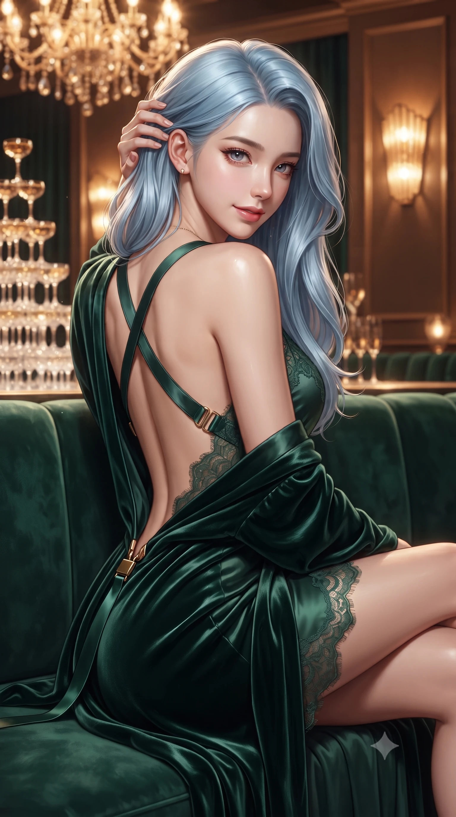 score_9, masterpiece, best quality, ultra-detailed, high-budget anime keyframe, editorial fashion photography, tasteful artistic composition, Korean woman. close-up cowboy shot from the waist and thighs up, the character dominates the composition, filling the frame with her large presence. turning over a bare shoulder with an intoxicating, teasing smile, her soft hair framing her sharp jawline as her hips angle gracefully while lounging languidly in a circular VIP booth of emerald velvet, running fingers through her glossy hair as jazz music drifts. The composition keeps background elements in soft focus with creamy bokeh. towering crystal champagne pyramids and glowing art-deco wall sconces blurred into warm champagne, whiskey-gold, and ruby bokeh. She has an exceptionally elegant, slender, and willowy female figure with an ultra-slim waist, a gracefully sculpted slender torso, toned flat midriff, and rounded feminine hips creating an alluring hourglass silhouette. sharp v-shaped jawline, high-bridge nose, intricate jewel-like eyes with depth, thick eyelashes, glossy parted lips with a natural sheen, intensely captivating and seductive bedroom-eyes expression, flawlessly proportioned anatomical accuracy, strict slender model proportions, natural body alignment, perfectly sculpted long slender limbs, ultra-slim waistline, clean dynamic posture without body distortion. wearing a delicate lace-trimmed slip dress layered with a sweeping silk velvet robe in deep emerald green and polished gold hardware, crafted from second-skin supple lambskin leather with liquid drape, finished with criss-cross back satin straps highlighting her graceful shoulder blades, the dramatically scooped open back descending to the base of her spine, accentuating her razor-sharp statuesque lines and curvy hourglass silhouette. bathed in warm incandescent chandelier warmth and vintage amber neon glow. ultra-reflective glossy finish, specular highlights, rich textural contrasts, high-contrast stereoscopic depth, volumetric dynamic lighting, 2k, ultra detail, master piece, 9:16 ratio