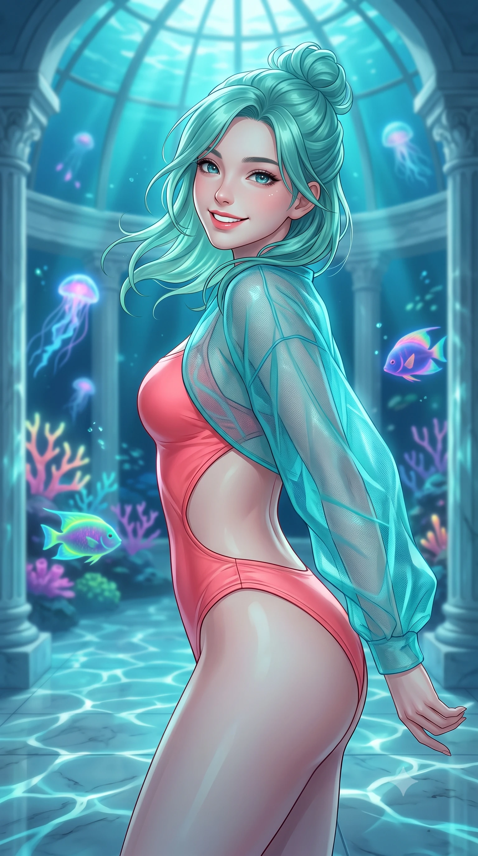 score_9, masterpiece, best quality, ultra-detailed, high-budget anime keyframe, editorial fashion photography, tasteful artistic composition, Japanese woman. close-up cowboy shot from the waist and thighs up, the character dominates the composition, filling the frame with her large presence, background elements kept in soft focus. Looking over her shoulder with a bright, welcoming smile and happy eyes. set against a soft-focus background of inside a submerged ancient white marble conservatory under a giant underwater glass dome, filled with glowing corals and neon sea creatures. She has an exceptionally elegant, slender, and willowy female figure with a highly-defined ultra-slim waist, a gracefully sculpted slender torso, and a refined slim-fit silhouette that contours her form. sharp v-shaped jawline, high-bridge nose, intricate jewel-like eyes with depth, thick eyelashes, glossy lips with a natural sheen. wearing a vibrant coral pink bodysuit with a dramatic open-waist cutout, layered with a sheer turquoise organza wrap shrug. aquamarine shafts of light filtering down through the deep water, casting moving caustic patterns across the marble floors. 2k, ultra detail, master piece, 9:16 ratio