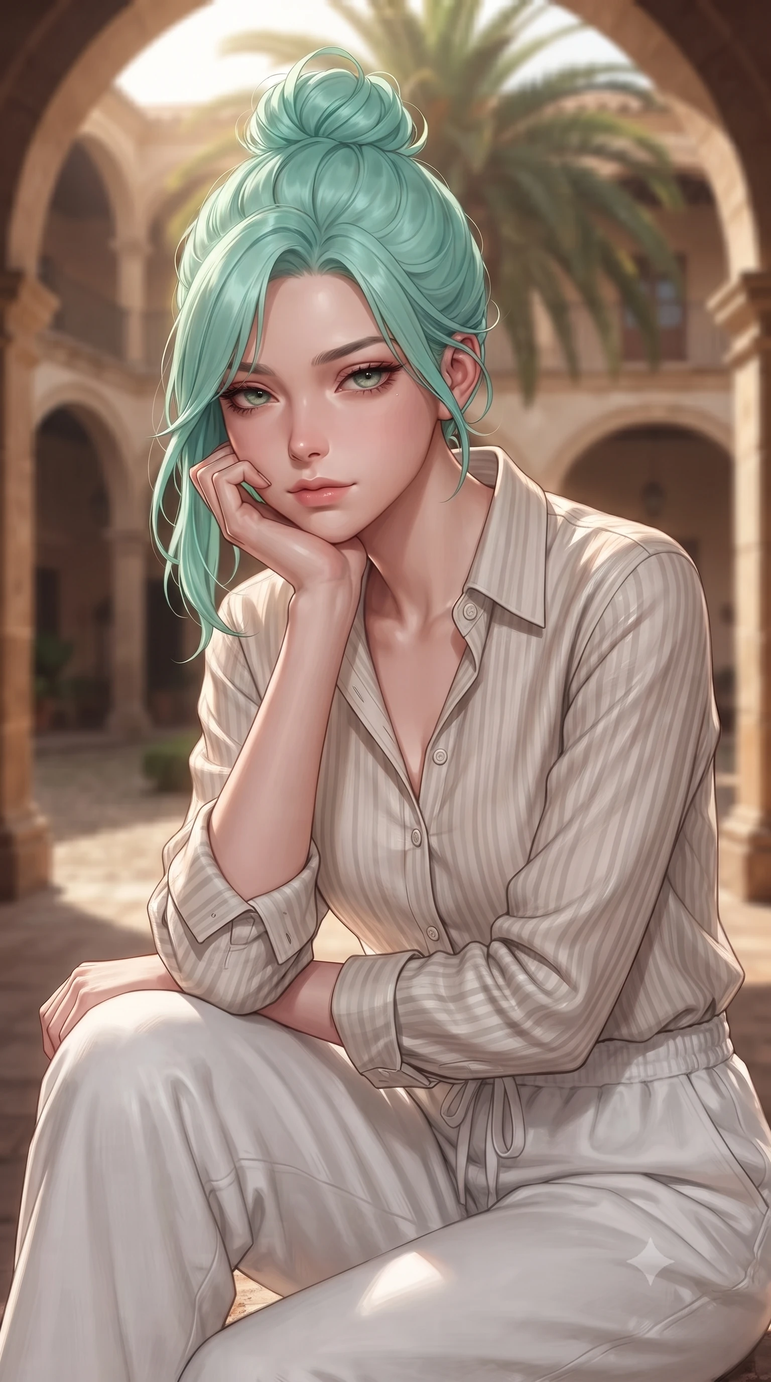 score_9, masterpiece, best quality, ultra-detailed, high-budget anime keyframe, editorial fashion photography, tasteful artistic composition, Japanese woman woman. close-up cowboy shot from the waist and thighs up, the character dominates the composition, filling the frame with her large presence, background elements kept in soft focus. resting her chin on the backs of her fingers, casting a heavy-lidded, sultry look past the camera the background shows a soft-focus a courtyard of an old Spanish hacienda with a large arched corridor and central palm tree. She has an exceptionally elegant, slender, and willowy female figure with an ultra-slim waist, a gracefully sculpted slender torso, and a refined silhouette. sharp v-shaped jawline, high-bridge nose, intricate jewel-like eyes with depth, thick eyelashes, glossy lips with a natural sheen. wearing a tailored soft striped linen button-down shirt and relaxed-fit white cotton lounge pants. warm afternoon sunbeams creating a peaceful, historical atmosphere. ultra-reflective glossy finish, specular highlights, metallic sheen, high-contrast stereoscopic depth, volumetric dynamic lighting, 2k, ultra detail, master piece, 9:16 ratio