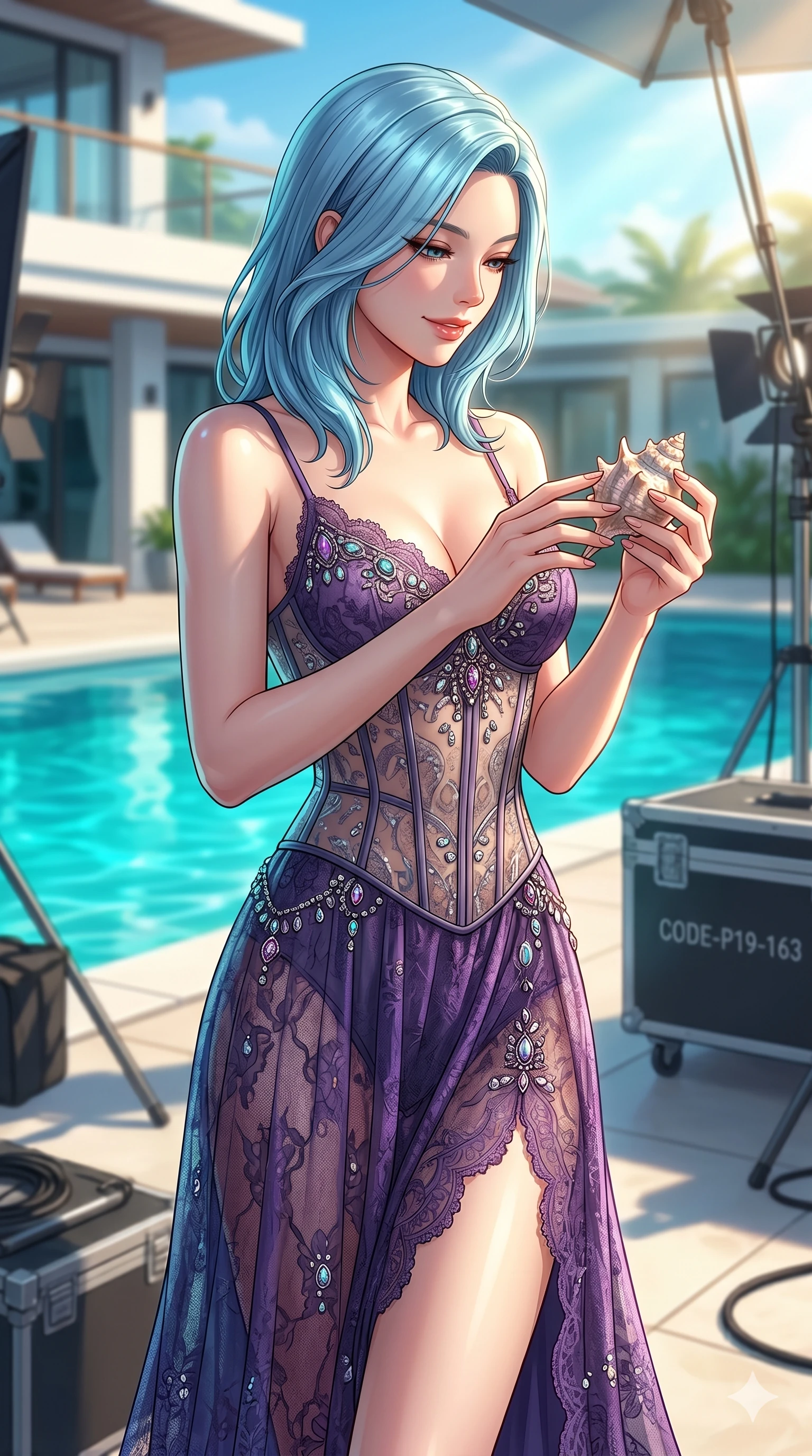 score_9, masterpiece, best quality, ultra-detailed, high-budget anime keyframe, editorial fashion photography, tasteful artistic composition, Korean woman. cowboy shot from the thighs up, character and outfit filling the frame for maximum editorial presence. holding a small seashell, looking down with a serene and powerful smile inside a professional outdoor photo studio near the resort pool (Code-P19-163). She has an absolutely perfect 8-heads proportion, an exceptionally tall and slender female figure with impossibly long slender legs and an ultra-slim waist. V-shaped jawline, high-bridge nose, intricate jewel-like eyes with depth, thick eyelashes, glossy lips with a natural sheen. wearing a semi-opaque corset over a purple lace slip dress in the sun. mystical turquoise glow from the pool, creating a strong contrast with the shadow. 2k, ultra detail, master piece, 9:16 ratio