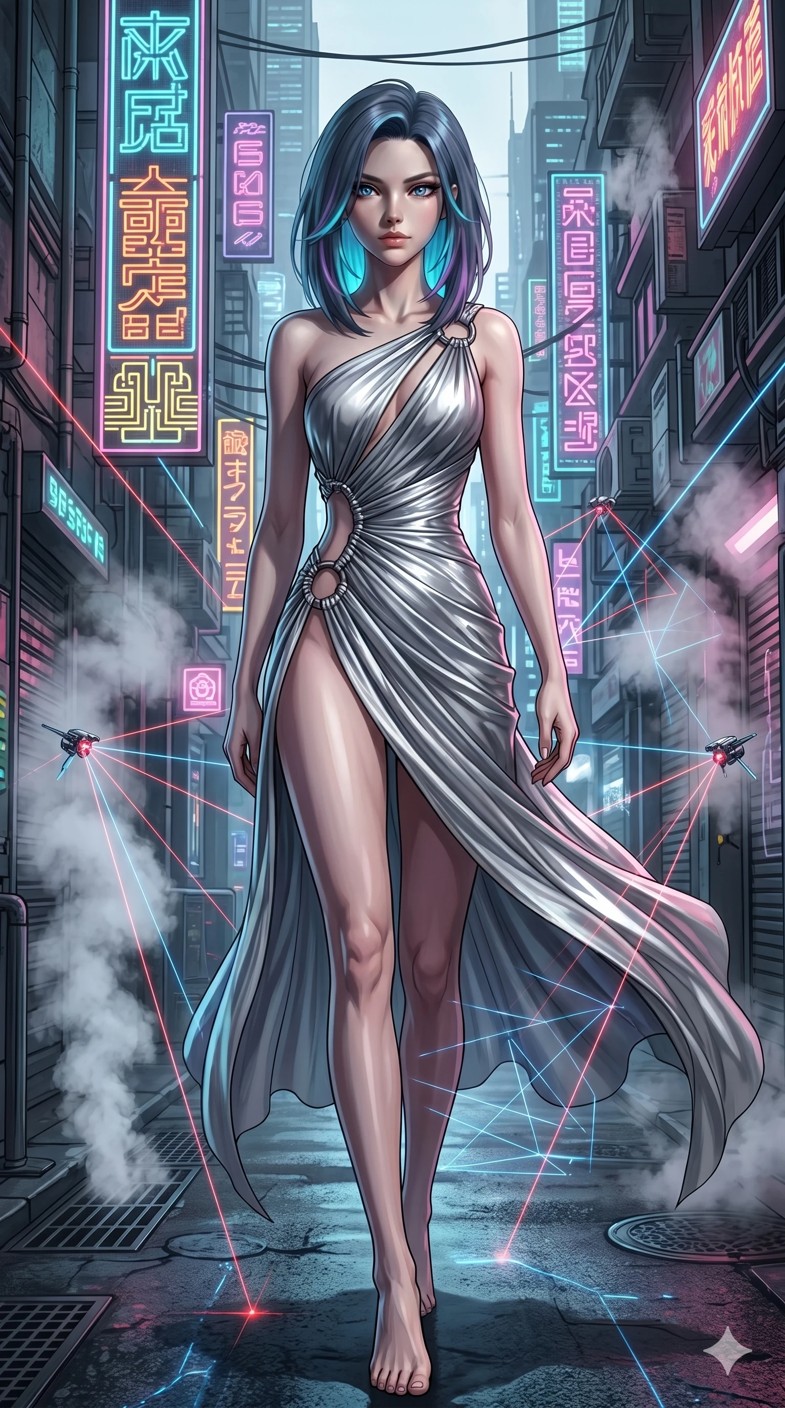 score_9, masterpiece, best quality, ultra-detailed, high-budget anime keyframe, editorial fashion photography, tasteful artistic composition, Caucasian woman, strictly human ears. upper body close-up from the thighs up, character filling the screen for maximum presence. breaking through through a futuristic metropolis alleyway with glowing neon signs and steam as micro-drones emitting laser beams draw grid lines in the air. She has an absolutely perfect 8-heads proportion, an exceptionally tall and slender female figure with impossibly long slender legs and an ultra-slim waist. V-shaped jawline, high-bridge nose, intricate jewel-like eyes with depth, thick eyelashes, glossy lips with a natural sheen.. wearing a draped Grecian cyber-gown, featuring draped silver metallic chiffon held by metal ring hardware, displaying a elongated high-waist silhouette. accented by dynamic color-blocked lighting with high-contrast shadows emphasizing her statuesque height. 2k, ultra detail, master piece, 9:16 ratio