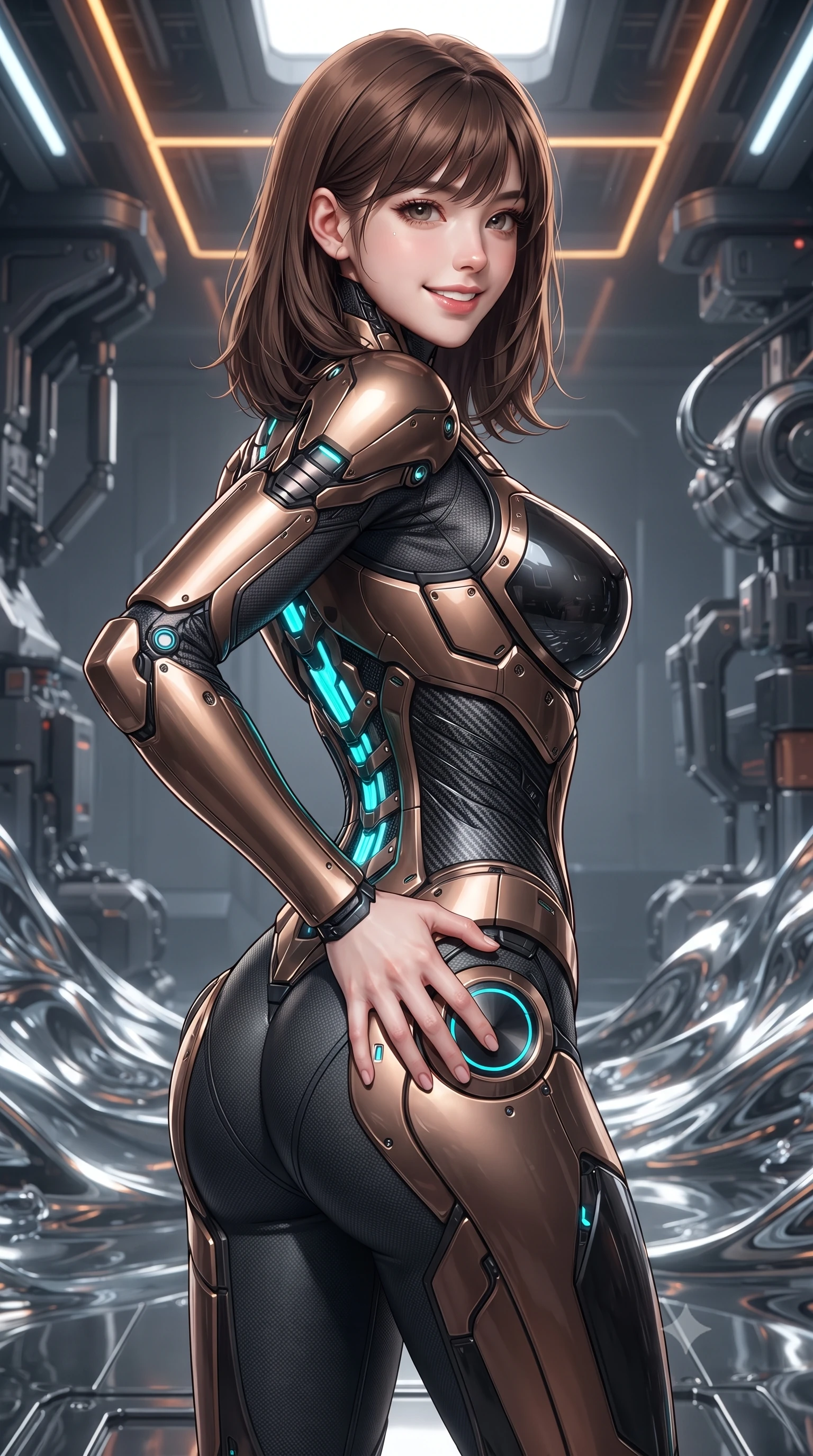 score_9, masterpiece, best quality, ultra-detailed, high-budget anime keyframe, editorial fashion photography, tasteful artistic composition, Korean woman. close-up cowboy shot from the waist and thighs up, the character dominates the composition, filling the frame with her large presence. twisting her slender torso in an alluring contrapposto stance, one hand resting on her sculpted hip armor while glancing back with effortless sovereign poise while twisting her slender torso in an alluring contrapposto stance, shifting liquid chrome waves reflecting her narrow waist and curvy hips. The surrounding environment is rendered in vivid detail and crisp panoramic clarity: detailed carbon-plated suit weave, chrome specular reflections on skin, and futuristic nanotechnology laboratory in razor-sharp precision. She has an exceptionally elegant, slender, and willowy female figure with an ultra-slim waist, flat toned midriff, narrow ribcage, and sculpted feminine hips creating an alluring, slim hourglass silhouette without bulk. sharp v-shaped jawline, high-bridge nose, intricate jewel-like sparkling eyes with depth, thick eyelashes, glossy parted lips with a natural sheen, bright confident smile with an enchanting and coquettish sensual glint, exuding both youthful magnetic charm and sovereign high-tech allure, flawlessly proportioned anatomical accuracy, strict slender model proportions, natural body alignment, perfectly sculpted long slender limbs, ultra-slim waistline, clean dynamic posture without body distortion. wearing a form-contouring exo-suit chassis with glowing cyan hydraulic spine braces worn over an ultra-slim bodysuit in burnished bronze alloy and smoked glass black, crafted from lightweight aerodynamic matte carbon-fiber weave with structural stiffness, finished with delicate carbon-fiber boning framing the narrow waistline, the high-waisted tailoring accentuating her ultra-slim waistline and the enchanting curve of her feminine hips with alluring dark charm. illuminated by overhead amber laser guides and sharp chrome rim lights sculpting her razor-sharp jawline, narrow waist, and curvy hips. ultra-reflective glossy finish, specular highlights, rich textural contrasts, high-contrast stereoscopic depth, volumetric dynamic lighting, 2k, ultra detail, master piece, 9:16 ratio