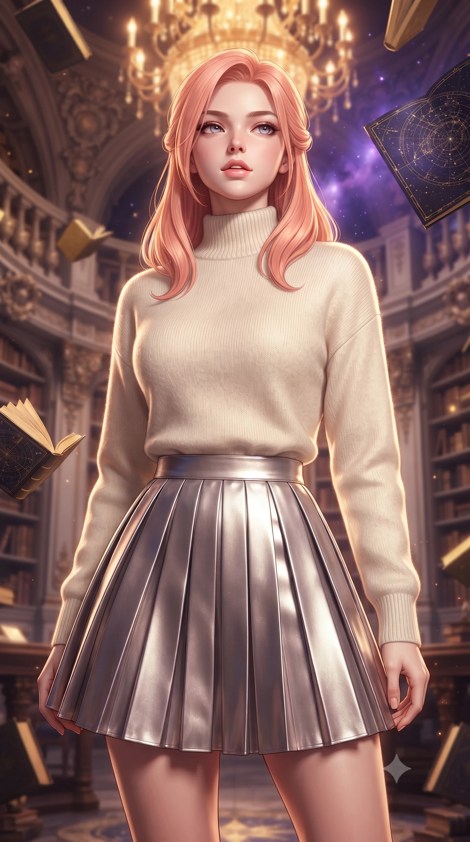 score_9, masterpiece, best quality, ultra-detailed, high-budget anime keyframe, editorial fashion photography, tasteful artistic composition, Japanese woman woman. close-up cowboy shot from the waist and thighs up, the character dominates the composition, filling the frame with her large presence, background elements kept in soft focus. She has an exceptionally elegant, slender, and willowy female figure with an ultra-slim waist, a gracefully sculpted slender torso, and a refined silhouette. tilting her chin up slightly with lips parted in a composed and alluring expression, flawlessly proportioned anatomical accuracy, natural body alignment, perfectly sculpted elegant limbs, clean dynamic posture without body distortion. set against a soft-focus background of a grand baroque library with floating golden books and star charts. wearing an elegant high-neck cashmere sweater with a pleated metallic silver A-line skirt. bathed in warm ambient chandelier glow contrasting with deep space nebula purple light. ultra-reflective glossy finish, specular highlights, metallic sheen, high-contrast stereoscopic depth, volumetric dynamic lighting, 2k, ultra detail, master piece, 9:16 ratio