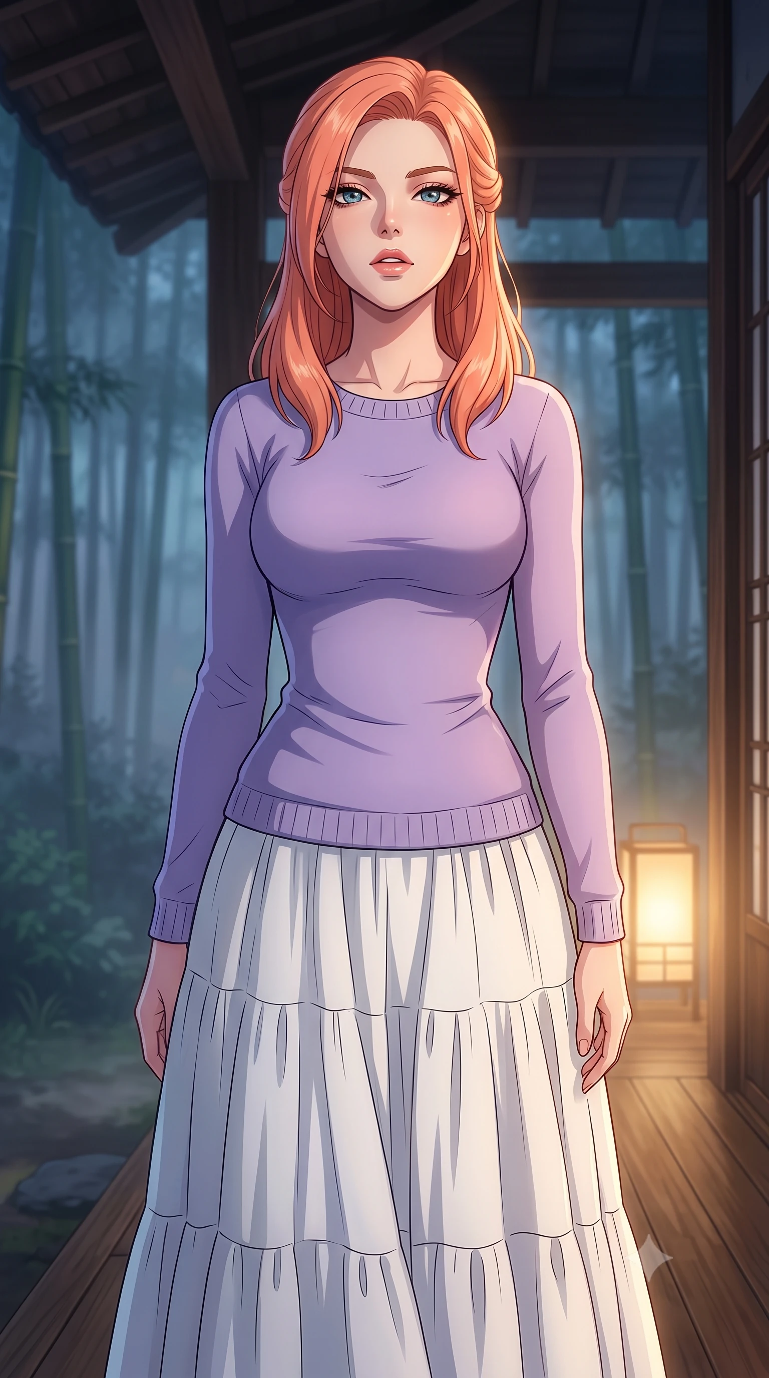 score_9, masterpiece, best quality, ultra-detailed, high-budget anime keyframe, tasteful artistic composition, Japanese woman. close-up cowboy shot from the waist and thighs up, the character dominates the composition, filling the frame with her large presence, background elements kept in soft focus. tilting her chin up slightly with lips parted in a composed, provocative expression the background shows a soft-focus the wooden veranda of a traditional house facing a misty bamboo grove at midnight. She has an exceptionally elegant, slender, and willowy female figure with an ultra-slim waist, a gracefully sculpted slender torso, and a refined silhouette. sharp v-shaped jawline, high-bridge nose, intricate jewel-like eyes with depth, thick eyelashes, glossy lips with a natural sheen. wearing a form-contouring comfortable lavender knit sweater paired with a flowy white cotton maxi skirt. soft morning mist diffusing the warm light of a paper lantern. highly saturated vibrant anime colors, cel-shading, 2d style, master piece, 9:16 ratio