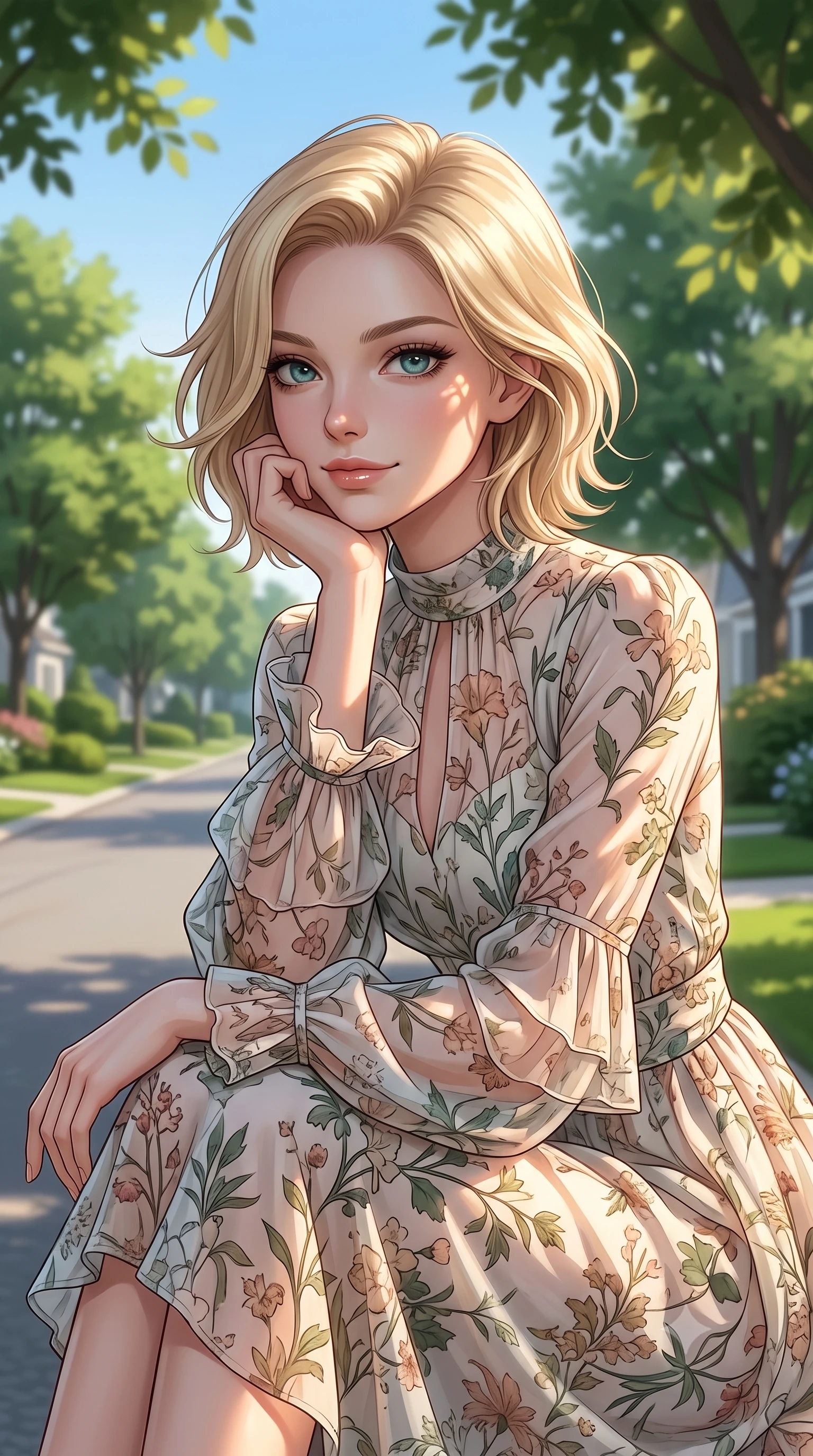 score_9, masterpiece, best quality, ultra-detailed, high-budget anime keyframe, editorial fashion photography, tasteful artistic composition, Caucasian woman woman. close-up cowboy shot from the waist and thighs up, the character dominates the composition, filling the frame with her large presence, background elements kept in soft focus. resting her chin on her hand, looking out at the beautiful scenery with a soft smile the background shows a soft-focus a quiet residential street lined with green trees and neat gardens under a clear sky. She has an exceptionally elegant, slender, and willowy female figure with an ultra-slim waist, a gracefully sculpted slender torso, and a refined silhouette. sharp v-shaped jawline, high-bridge nose, intricate jewel-like eyes with depth, thick eyelashes, glossy lips with a natural sheen. wearing a tailored flowy floral chiffon midi dress with long bell sleeves and a high neck. soft dappled sunlight filtering through roadside tree leaves. 2k, ultra detail, master piece, 9:16 ratio