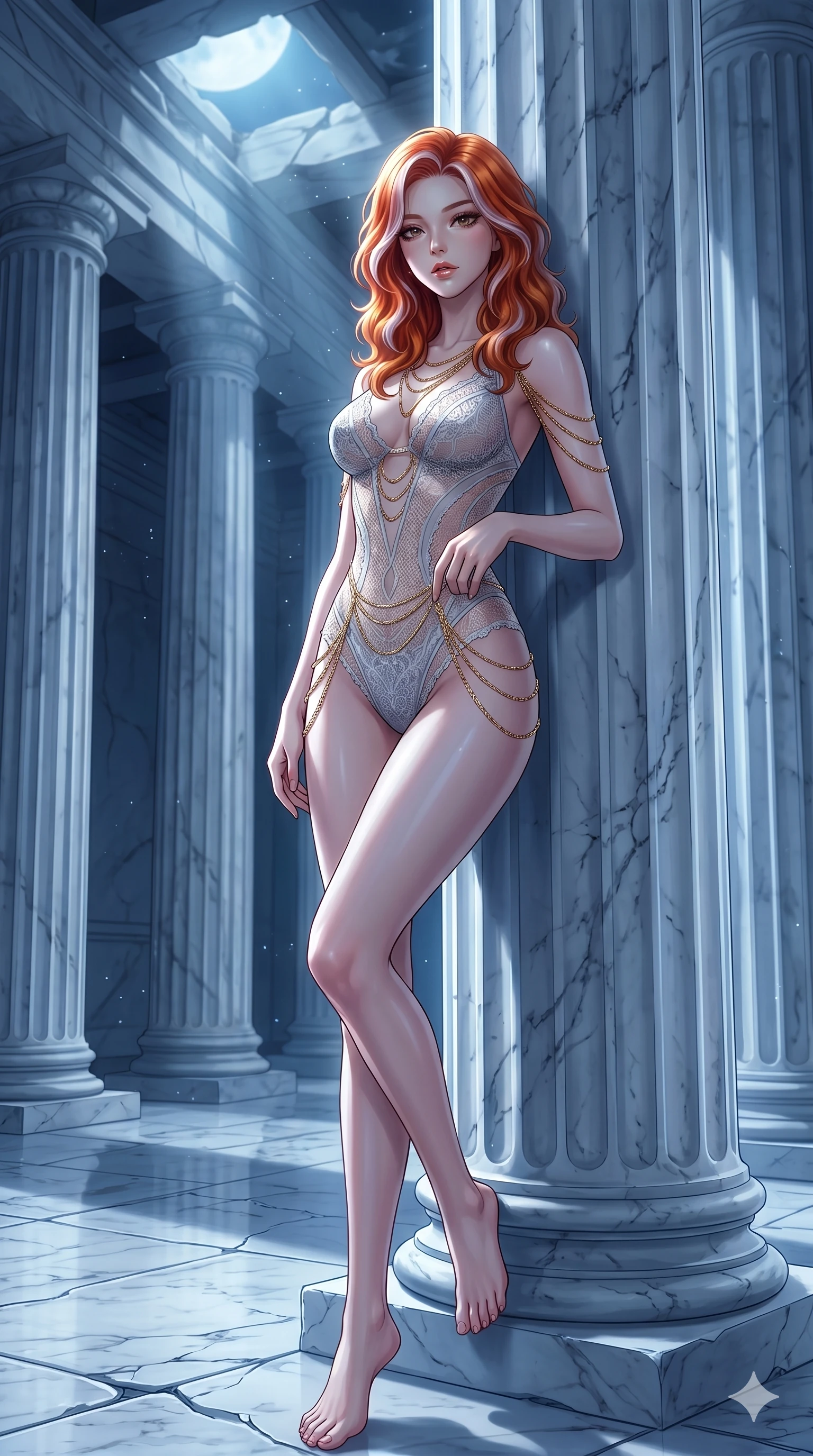 score_9, masterpiece, best quality, ultra-detailed, High-budget Anime Keyframe, East Asian woman. Low angle cowboy shot filling the entire 9:16 frame with her statuesque presence. Scenario 213: Leaning against a cold marble pillar in a moonlit greek temple. Her presence is magnetic and overpowering in this high-budget anime scene. Outfit 213: A micro-mesh lace liquid with a sheer panels and fine gold chains. The clothing is designed to emphasize her exceptionally tall and slender 8-heads proportion. 8-heads proportion, towering silhouette, ultra-slim waist. sharp v-shaped jawline, intricate jewel-like eyes with depth, thick eyelashes, glossy lips. 2k, ultra detail, master piece, 9:16 ratio