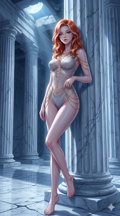 score_9, masterpiece, best quality, ultra-detailed, High-budget Anime Keyframe, East Asian woman. Low angle cowboy shot filling the entire 9:16 frame with her statuesque presence. Scenario 213: Leaning against a cold marble pillar in a moonlit greek 