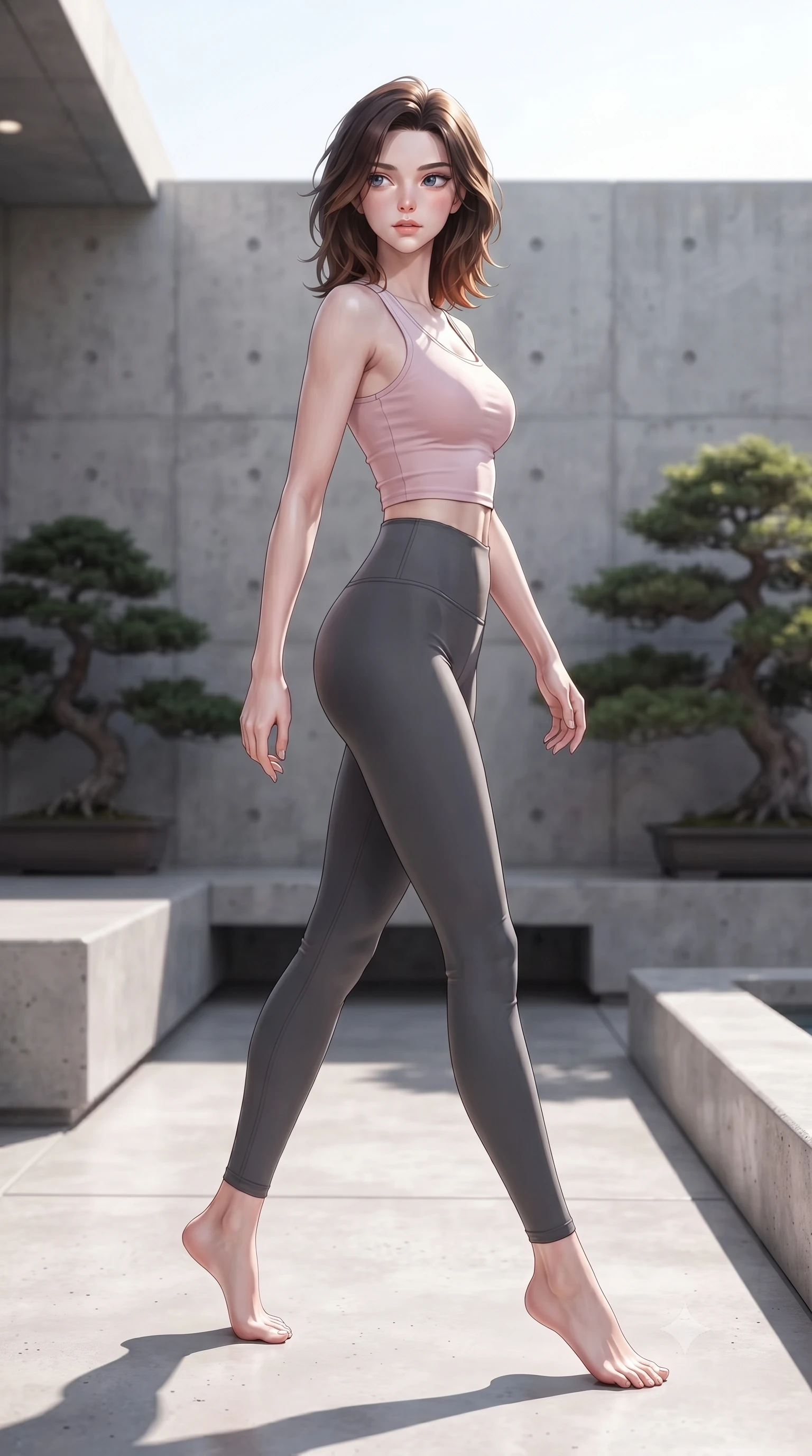 score_9, masterpiece, best quality, ultra-detailed, high-budget anime keyframe, editorial fashion photography, tasteful artistic composition, Korean woman woman. low angle full-body shot from head to toe showing her feet, filling the entire 9:16 vertical frame with her statuesque presence, stretching her vertical silhouette. stepping gracefully while looking back over her shoulder, her dress draped tightly to reveal her silhouette the background shows a soft-focus a minimalist outdoor bath deck with concrete walls and bonsai landscaping. She has an absolutely perfect, statuesque 8.5-heads proportion, an exceptionally tall and slender model-like female figure with impossibly long slender legs and an ultra-slim waist. sharp v-shaped jawline, high-bridge nose, intricate jewel-like eyes with depth, thick eyelashes, glossy lips with a natural sheen. wearing a slim-fit body-hugging light pink crop tank top paired with high-waisted tight-fitting leggings. sharp morning sunbeams casting clean, structured shadows across the deck. ultra-reflective glossy finish, specular highlights, metallic sheen, high-contrast stereoscopic depth, volumetric dynamic lighting, 2k, ultra detail, master piece, 9:16 ratio