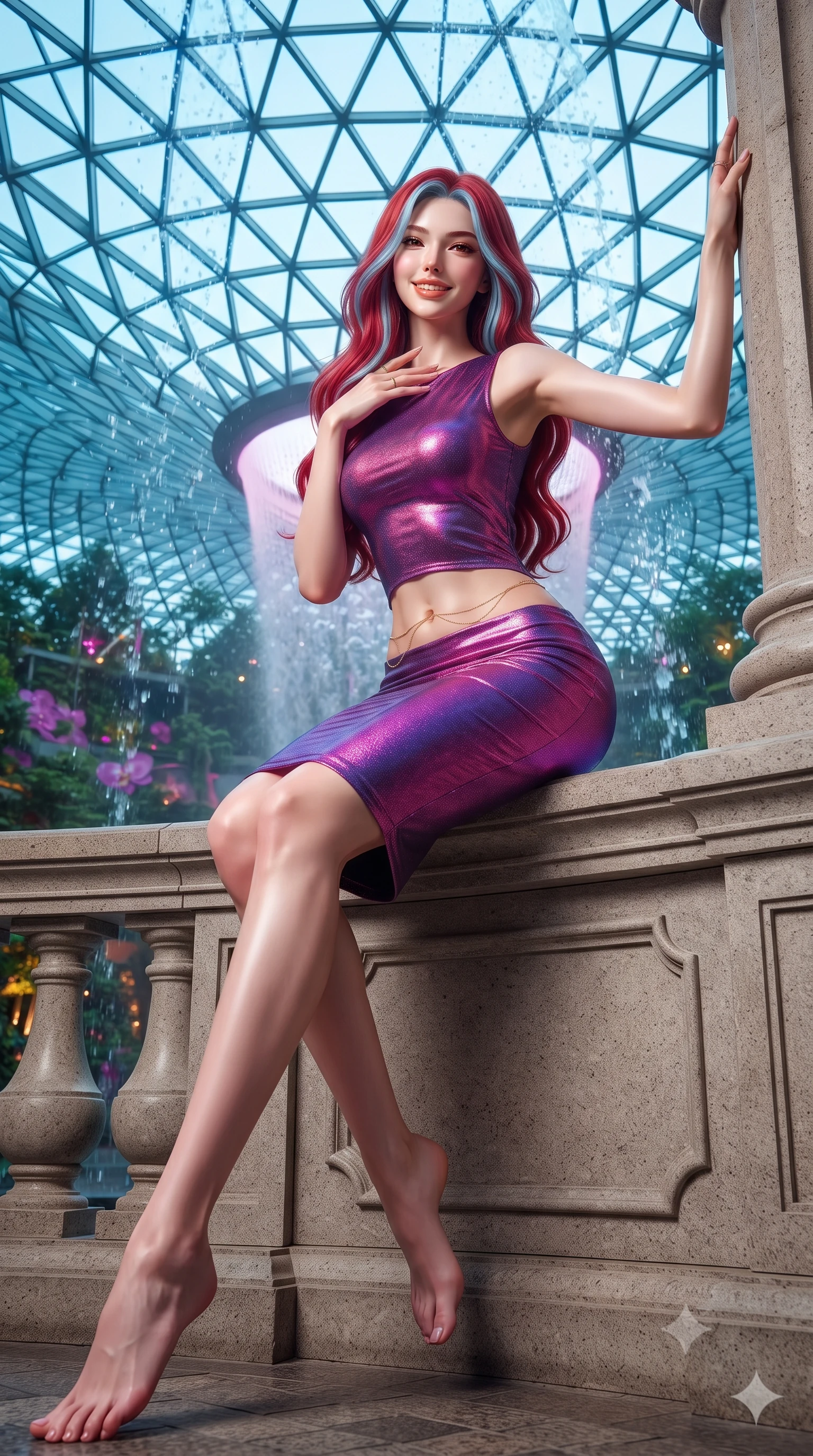 score_9, masterpiece, best quality, ultra-detailed, high-budget anime keyframe, editorial fashion photography, tasteful artistic composition, Caucasian woman. low angle full-body shot from head to toe showing her feet, filling the entire 9:16 vertical frame with her statuesque presence, stretching her vertical silhouette. standing tall beside the architectural column, one hand resting high while arching her lower back to emphasize her sculpted feminine hips and slender waist while sitting gracefully on the sculptured stone terrace with legs crossed, running one manicured hand slowly down her neck with magnetic poise. The surrounding environment is rendered in vivid detail and crisp panoramic clarity: sharp triangular diagrid glass dome framework, rushing water droplet streams in mid-air, and exotic orchid petal veins in deep focus. She has an exceptionally tall and slender model-like 8.5-heads proportion, an ultra-slim waist, a flat toned midriff, narrow delicate ribcage, and beautifully sculpted feminine hips creating a graceful, slim hourglass silhouette without any bulky heaviness, with impossibly long slender legs. sharp v-shaped jawline, high-bridge nose, intricate jewel-like sparkling eyes with depth, thick eyelashes, glossy parted lips with a natural peach sheen, bright cheerful beaming smile with an enchanting and coquettish sensual glint, exuding both youthful cute charm and seductive allure, flawlessly proportioned anatomical accuracy, strict slender model proportions, natural body alignment, perfectly sculpted long slender limbs, ultra-slim waistline, clean dynamic posture without body distortion. wearing an ultra-sleek stretch lambskin leather sheath dress accentuating her slim waistline in Supertree bioluminescent magenta and electric violet, woven from stretch metallic lurex jersey casting radiant starlight glints across her curves, accented with a dainty gold belly chain resting across her flat midriff and curving hips, the impeccably tailored cut draping gracefully along her slender figure with aristocratic poise. bathed in the dynamic multi-colored projection mapping of the waterfall vortex combined with soft warm botanical uplights. ultra-reflective glossy finish, specular highlights, rich textural contrasts, high-contrast stereoscopic depth, volumetric dynamic lighting, 2k, ultra detail, master piece, 9:16 ratio