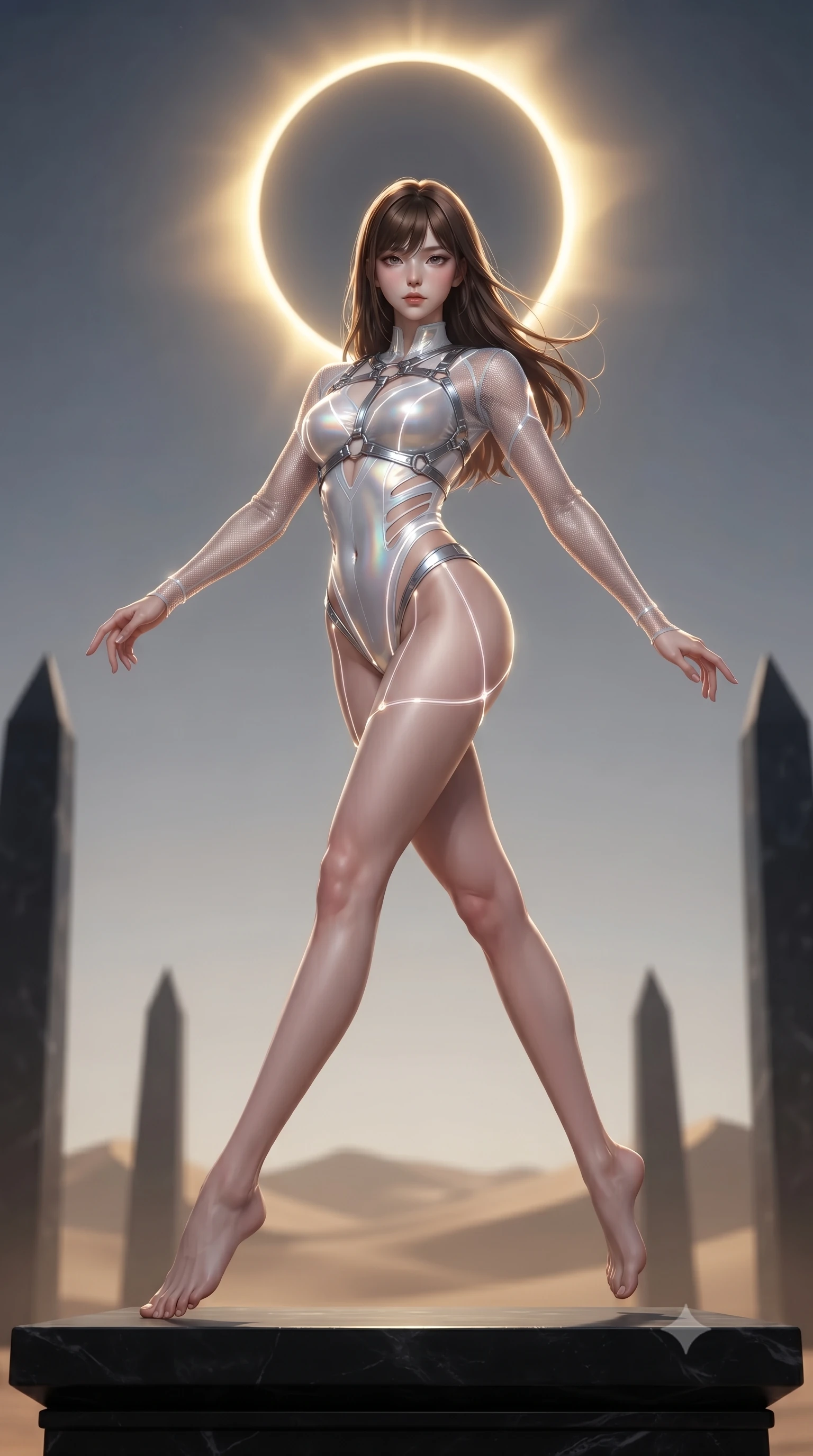score_9, masterpiece, best quality, ultra-detailed, high-budget anime keyframe, editorial fashion photography, tasteful artistic composition, Korean woman. low angle full-body shot from head to toe showing her feet, filling the entire 9:16 vertical frame with her statuesque presence, stretching her vertical silhouette. leaping through mid-air with an athletic yet alluring arch of her spine, her impossibly long slender legs stretched in flawless poise while standing with sovereign authority atop a black obsidian temple altar as a total solar eclipse crowns the sky in a golden ring. The composition keeps background elements in soft focus with creamy bokeh. distant desert dunes and obsidian temple obelisks softened by atmospheric shallow focus. She has an absolutely perfect, statuesque 8.5-heads proportion, an exceptionally tall and slender model-like female figure with impossibly long slender legs, a toned flat midriff, and an ultra-slim waist. sharp v-shaped jawline, high-bridge nose, intricate jewel-like eyes with depth, thick eyelashes, glossy lips with a natural sheen, flawlessly proportioned anatomical accuracy, strict slender model proportions, natural body alignment, perfectly sculpted long slender limbs, ultra-slim waistline, clean dynamic posture without body distortion. wearing an ultra-sleek high-cut tech-bodysuit featuring dangerous diagonal slitted cutouts on the midriff and shoulders, reinforced by a metallic silver harness and sheer mesh sleeves in glistening liquid pearl white with rainbow opalescence, tailored from semi-translucent cybernetic vinyl with glowing micro-filaments, reinforced by a sleek metallic chrome harness and delicate glowing micro-straps, the liquid-tight tailored fabric emphasizing every curve of her tall, slender model proportions and sculptured silhouette during dynamic movement. surrounded by an awe-inspiring, mysterious, and fiercely sensual solar empress aura. ultra-reflective glossy finish, specular highlights, metallic sheen, high-contrast stereoscopic depth, volumetric dynamic lighting, 2k, ultra detail, master piece, 9:16 ratio