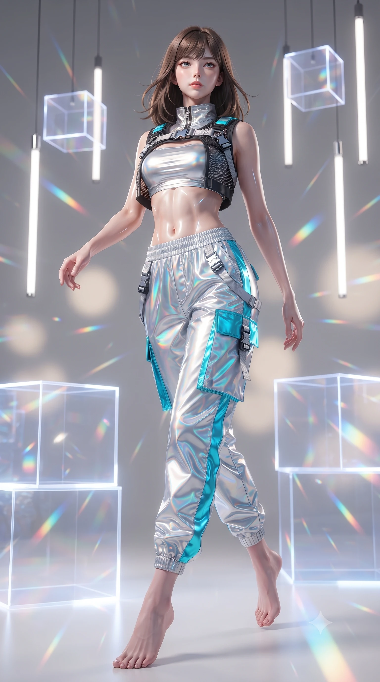 score_9, masterpiece, best quality, ultra-detailed, high-budget anime keyframe, editorial fashion photography, tasteful artistic composition, Korean woman. low angle full-body shot from head to toe showing her feet, filling the entire 9:16 vertical frame with her statuesque presence, stretching her vertical silhouette. stepping forward gracefully in mid-motion, displaying her toned flat midriff and flawlessly sculpted slender limbs while posing inside an avant-garde digital art gallery surrounded by glowing translucent acrylic cubes and suspended LED tubes. The composition keeps background elements in soft focus with creamy bokeh. refracted light beams and internal acrylic reflections scattering radiant chromatic light motes. She has an absolutely perfect, statuesque 8.5-heads proportion, an exceptionally tall and slender model-like female figure with impossibly long slender legs, a toned flat midriff, and an ultra-slim waist. sharp v-shaped jawline, high-bridge nose, intricate jewel-like eyes with depth, thick eyelashes, glossy lips with a natural sheen, captivating and magnetic expression, flawlessly proportioned anatomical accuracy, strict slender model proportions, natural body alignment, perfectly sculpted long slender limbs, ultra-slim waistline, clean dynamic posture without body distortion. wearing a futuristic cropped tech-harness vest worn over a silver reflective tube top and high-rise metallic parachute cargo pants in holographic silver and electric cyan, crafted from high-gloss metallic ripstop nylon and flexible carbon mesh, detailed with heavy-duty chrome quick-release buckles and D-ring straps edition #28, the sleek tailored cut tightly hugging her graceful clavicle, narrow waist, and feminine curves with statuesque precision. illuminated by clean geometric specular highlights tracing her sculpted torso and legs. ultra-reflective glossy finish, specular highlights, rich textural contrasts, high-contrast stereoscopic depth, volumetric dynamic lighting, 2k, ultra detail, master piece, 9:16 ratio