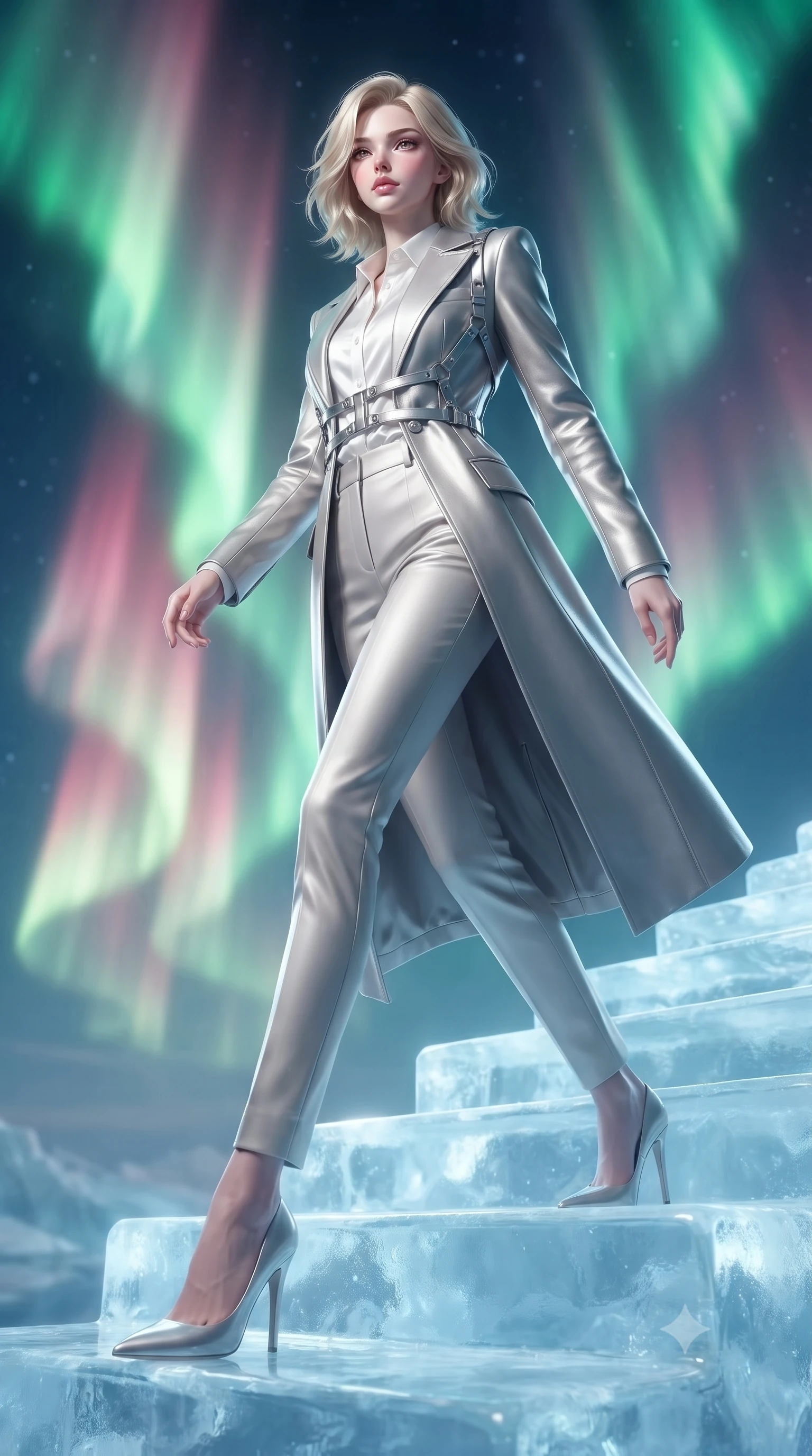 score_9, masterpiece, best quality, ultra-detailed, high-budget anime keyframe, editorial fashion photography, tasteful artistic composition, Caucasian woman. low angle full-body shot from head to toe showing her feet, filling the entire 9:16 vertical frame with her statuesque presence, stretching her vertical silhouette. stepping gracefully through the radiant environment, stretching her statuesque silhouette, ascending a translucent ice staircase beneath a swirling curtain of green and pink aurora rays, dramatic polar light curtains cascading behind her in soft-focus. She has an absolutely perfect, statuesque 8.5-heads proportion, an exceptionally tall and slender model-like female figure with impossibly long slender legs and an ultra-slim waist. sharp v-shaped jawline, high-bridge nose, intricate jewel-like eyes with depth, thick eyelashes, glossy lips with a natural sheen. wearing structured platinum leather long coat over white silk blouse and tailored slacks in radiant platinum, made of polished ivory leather, highlighted by a platinum metallic harness structure, following her slender form with tailored precision. bathed in brilliant cold silver moonlight and vibrant polar light reflections. highly saturated vibrant anime colors, detailed shading with soft gradients, rich glossy textures, high-contrast stereoscopic depth, volumetric dynamic lighting, master piece, 9:16 ratio