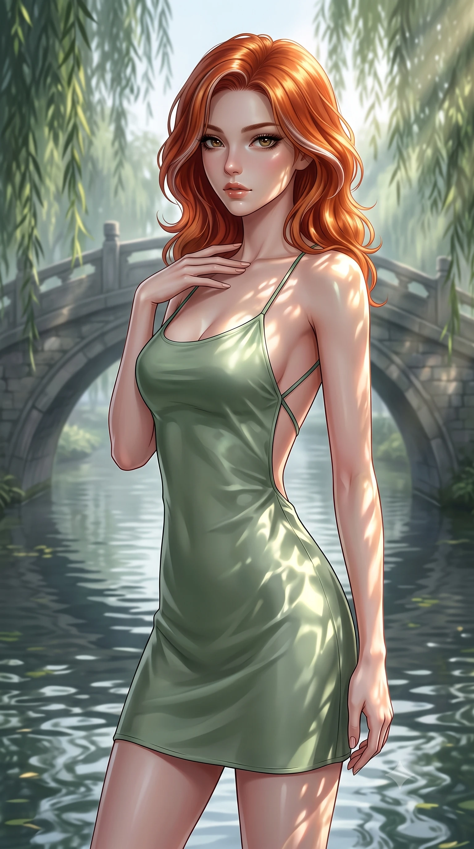 score_9, masterpiece, best quality, ultra-detailed, high-budget anime keyframe, editorial fashion photography, tasteful artistic composition, Caucasian woman. close-up cowboy shot from the waist and thighs up, the character dominates the composition, filling the frame with her large presence, background elements kept in soft focus. standing with one hand resting on her collarbone, looking at the viewer with bedroom-eyes the background shows a soft-focus a misty stone bridge over a quiet stream with weeping willow trees. She has an exceptionally elegant, slender, and willowy female figure with an ultra-slim waist, a gracefully sculpted slender torso, and a refined silhouette. sharp v-shaped jawline, high-bridge nose, intricate jewel-like eyes with depth, thick eyelashes, glossy lips with a natural sheen. wearing a slim-fit lightweight silk sundress in sage green with a dramatic open-back and thin criss-cross straps. dappled sunbeams reflecting off the moving water surface onto her form. ultra-reflective glossy finish, specular highlights, metallic sheen, high-contrast stereoscopic depth, volumetric dynamic lighting, 2k, ultra detail, master piece, 9:16 ratio