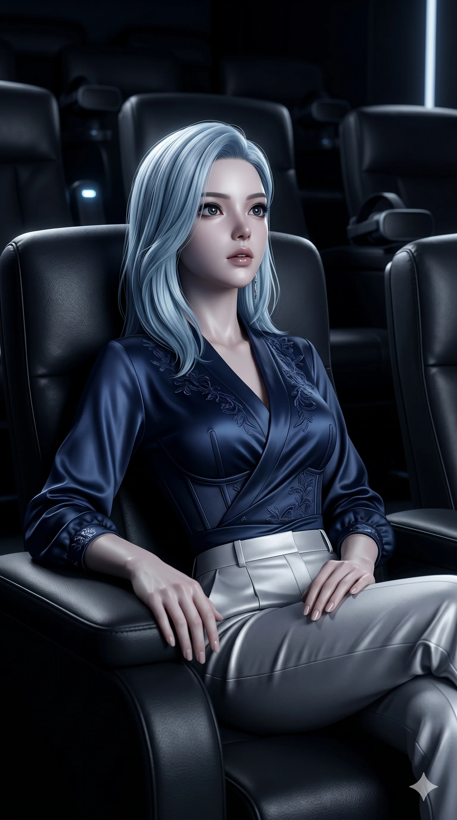 score_9, masterpiece, best quality, ultra-detailed, high-budget anime keyframe, semi-realistic 3D game render, Korean woman. Upper body close-up from the thighs up, character filling the screen for maximum presence. Inside a virtual reality theater showing a classic movie, leaning back in her seat, watching the screen with a fascinated expression. She is wearing a luxurious silk-like wrap top, structured bodice, and silver trousers. The scene is bathed in the flickering black and white light of the movie screen. 2k, ultra detail, master piece, 9:16 ratio