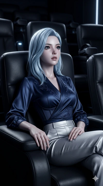 score_9, masterpiece, best quality, ultra-detailed, high-budget anime keyframe, semi-realistic 3D game render, Korean woman. Upper body close-up from the thighs up, character filling the screen for maximum presence. Inside a virtual reality theater s