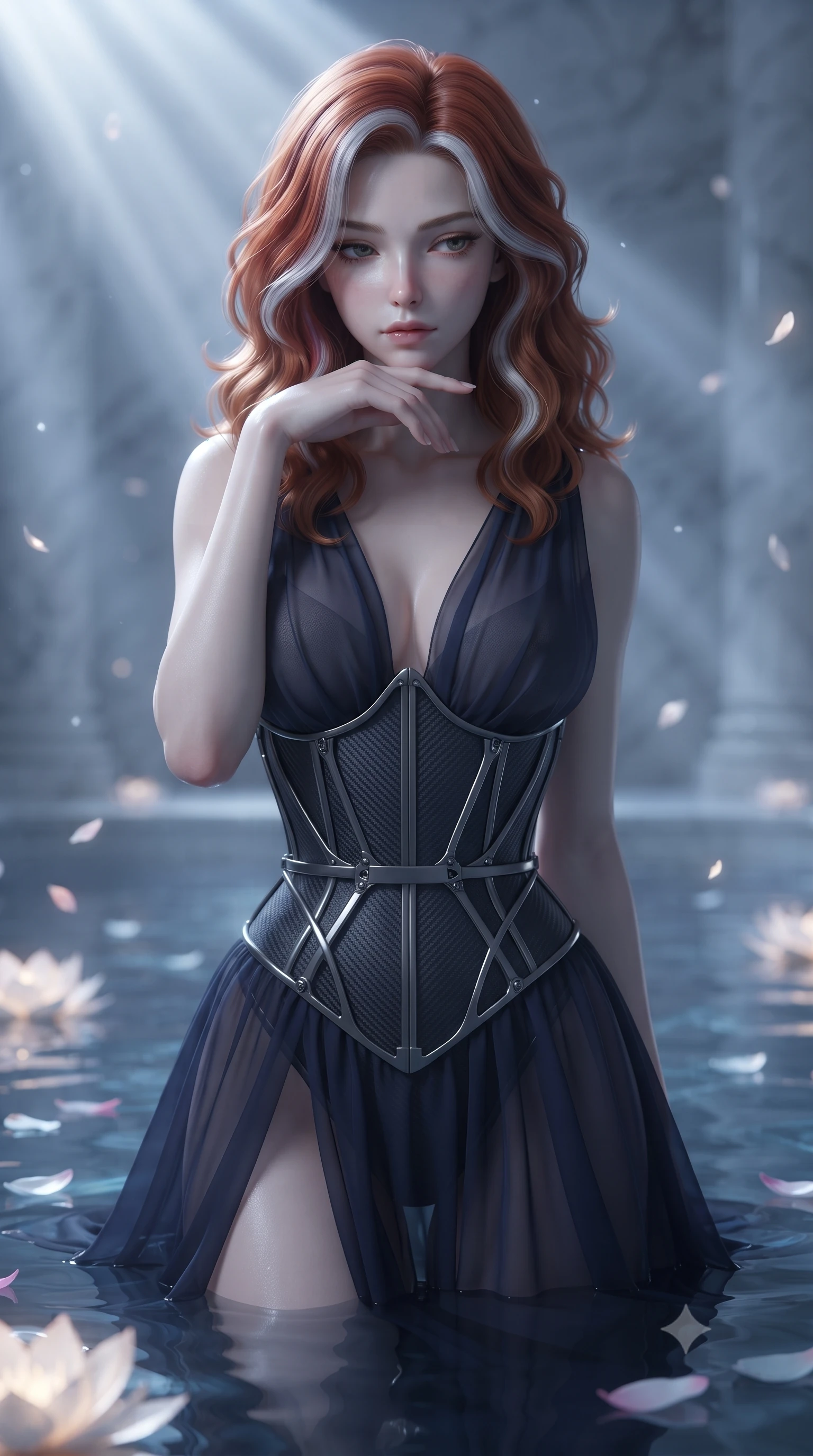 score_9, masterpiece, best quality, ultra-detailed, high-budget anime keyframe, editorial fashion photography, tasteful artistic composition, Caucasian woman. close-up cowboy shot from the waist and thighs up, the character dominates the composition, filling the frame with her large presence, background elements kept in soft focus. Resting her chin on the backs of her fingers with an air of effortless superiority, immersed to the waist in a mirror-still pool as lotus petals drift around her, full moon rays casting cold silver beams across the white marble water hall. She has an exceptionally elegant, slender, and willowy female figure with an ultra-slim waist, a gracefully sculpted slender torso, and a refined silhouette. sharp v-shaped jawline, high-bridge nose, intricate jewel-like eyes with depth, thick eyelashes, glossy lips with a natural sheen. wearing semi-opaque sheer dark chiffon gown revealing structured corset silhouette in midnight navy blue, made of matte carbon-fiber weave, highlighted by a gunmetal metallic harness structure, the fitted fabric emphasizing her ultra-slim waist. bathed in subtle lotus bioluminescence and bright marble highlights. ultra-reflective glossy finish, specular highlights, metallic sheen, high-contrast stereoscopic depth, volumetric dynamic lighting, 2k, ultra detail, master piece, 9:16 ratio