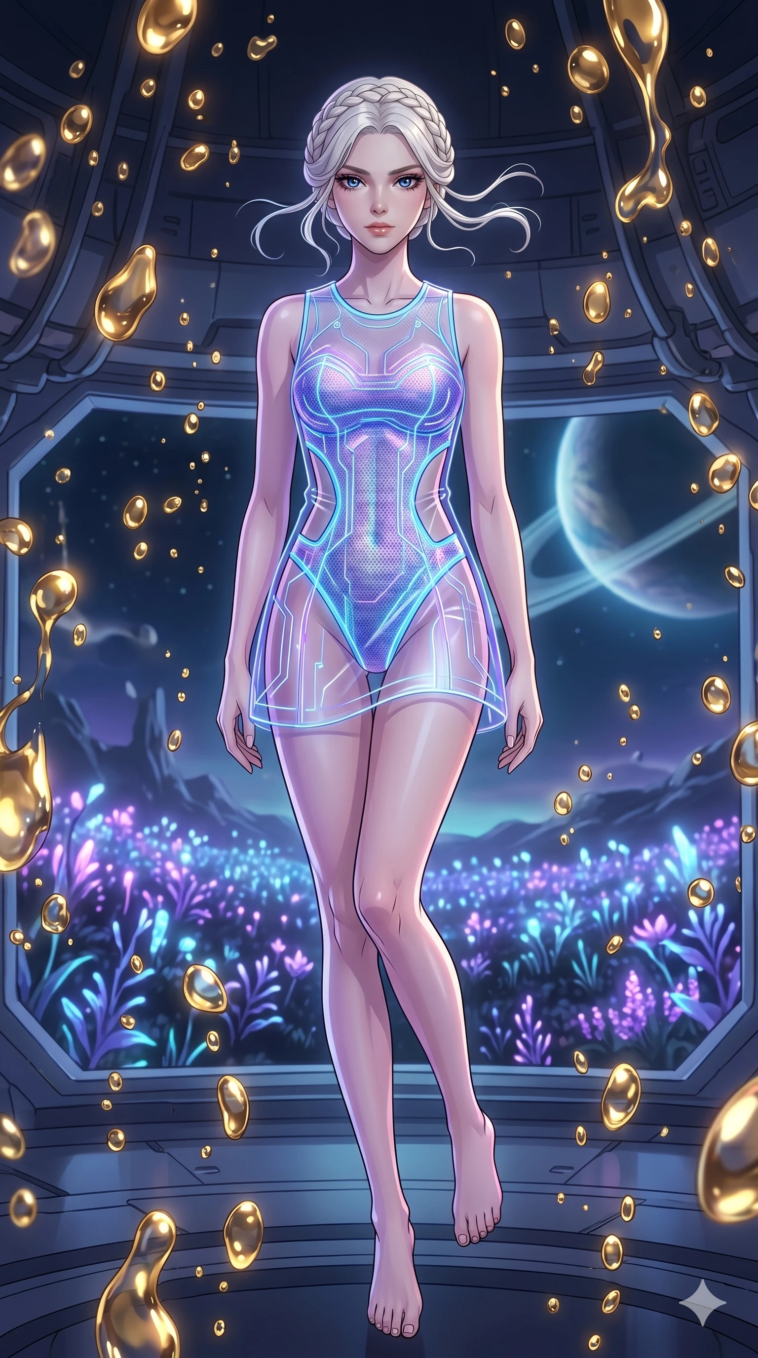 score_9, masterpiece, best quality, ultra-detailed, High-budget Anime Keyframe, vibrant colors, fluid line-art, expressive lighting, cinematic composition, Ufotable-style visual effects, top-tier animation quality, Japanese woman with delicate and elegant anime-inspired features. Cinematic low angle perspective showcasing her towering height and perfect 8-heads proportion. Floating serenely in a zero-gravity chamber filled with suspended droplets of liquid gold that reflect the surrounding high-tech machinery. She has an absolutely perfect 8-heads proportion, an exceptionally tall and slender female figure with impossibly long slender legs and an ultra-slim waist, her statuesque height and towering silhouette dominating the vertical 9:16 frame. Her face is a masterpiece featuring a sharp v-shaped jawline, high-bridge nose, intricate jewel-like eyes with depth, thick eyelashes, and glossy lips with a natural sheen. She is wearing a Transparent mini-dress with glowing internal circuits and a high-cut structural leotard crafted from Fluorescent mesh that glows brightly under neon light, highlighting her silhouette, featuring strategic side cut-outs that emphasize her ultra-slim waist and hips. The scene is set in a mysterious alien planet with bioluminescent purple flora and a giant ringed planet in the sky, illuminated by soft bioluminescent glow from the environment casting ethereal colors on her skin. 2k, ultra detail, master piece, 9:16 ratio