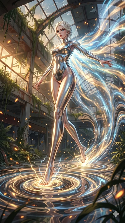 score_9, masterpiece, best quality, ultra-detailed, Set A: High-budget Anime Keyframe, Caucasian (human ears) woman. Low angle cowboy shot filling the entire 9:16 frame with her statuesque presence. Theme: Ethereal Dream. unleashing a massive energy 