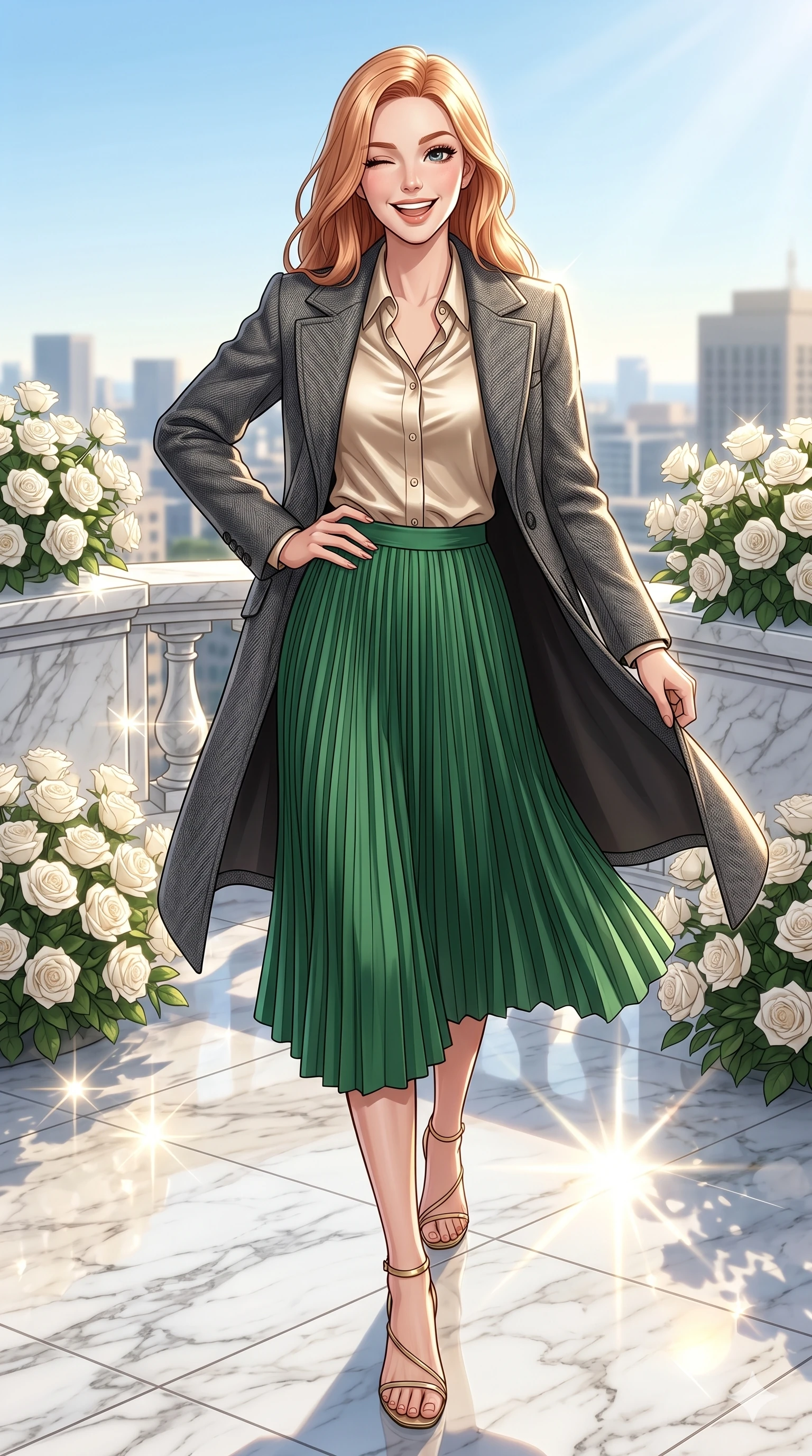 score_9, masterpiece, best quality, ultra-detailed, high-budget anime keyframe, vibrant anime aesthetic, Japanese woman. low angle full-body shot from head to toe showing her feet, filling the entire 9:16 vertical frame with her statuesque presence, stretching her vertical silhouette. She is posing with a playful wink and a delightful grin, looking directly at the viewer on a luxury hotel rooftop terrace decorated with white roses, under a bright afternoon sun (Code-P20-004). She has an absolutely perfect 8-heads proportion, an exceptionally tall and slender female figure with impossibly long slender legs and an ultra-slim waist. V-shaped jawline, high-bridge nose, intricate jewel-like eyes with depth, thick eyelashes, glossy lips with a natural sheen. wearing a structured wool coat over a silk button-up shirt and pleated midi skirt. She is illuminated by direct, sparkling sunbeams reflecting off the polished marble floor. 2k, ultra detail, master piece, 9:16 ratio